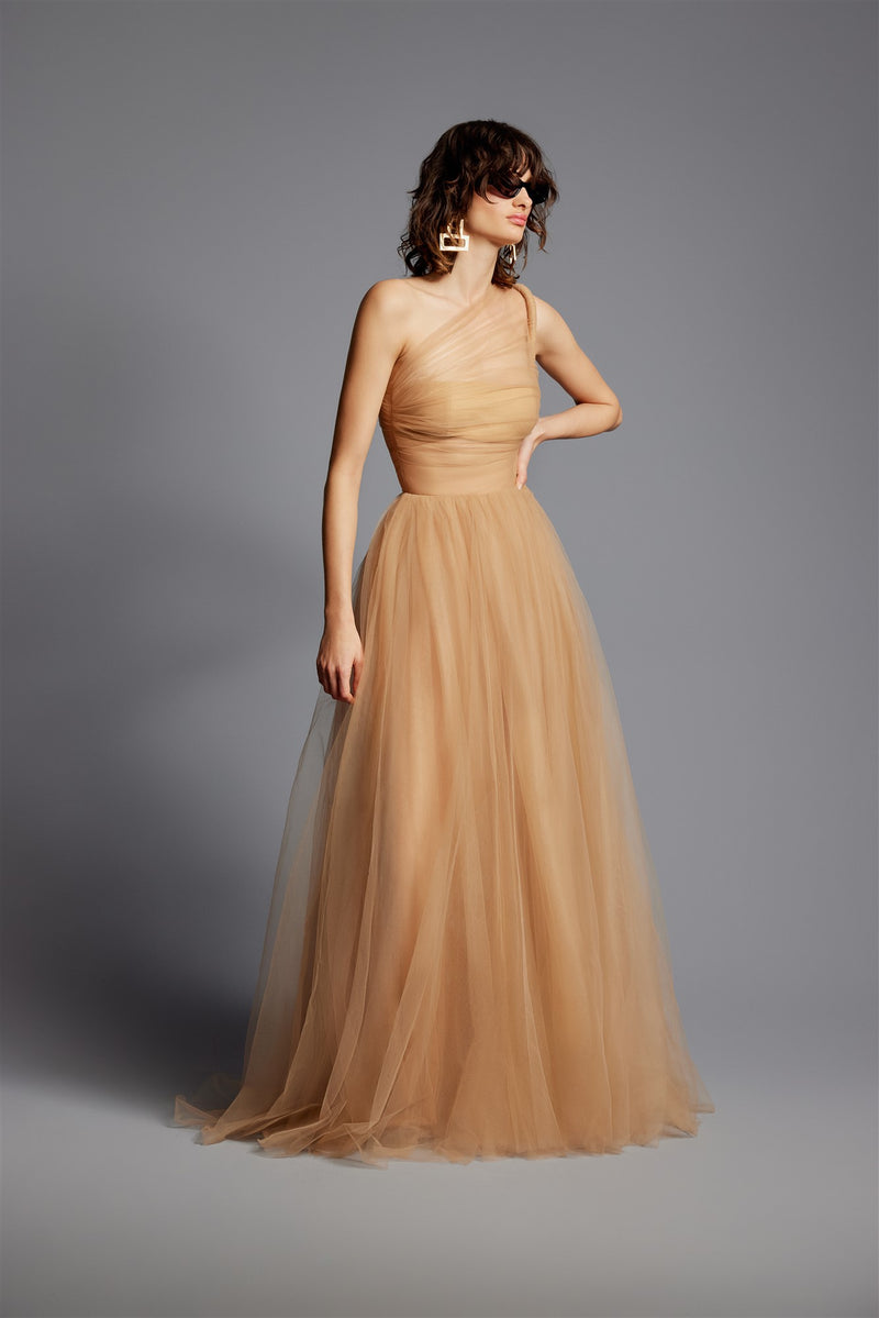 'Amber' One Shoulder Draped Tull Dress