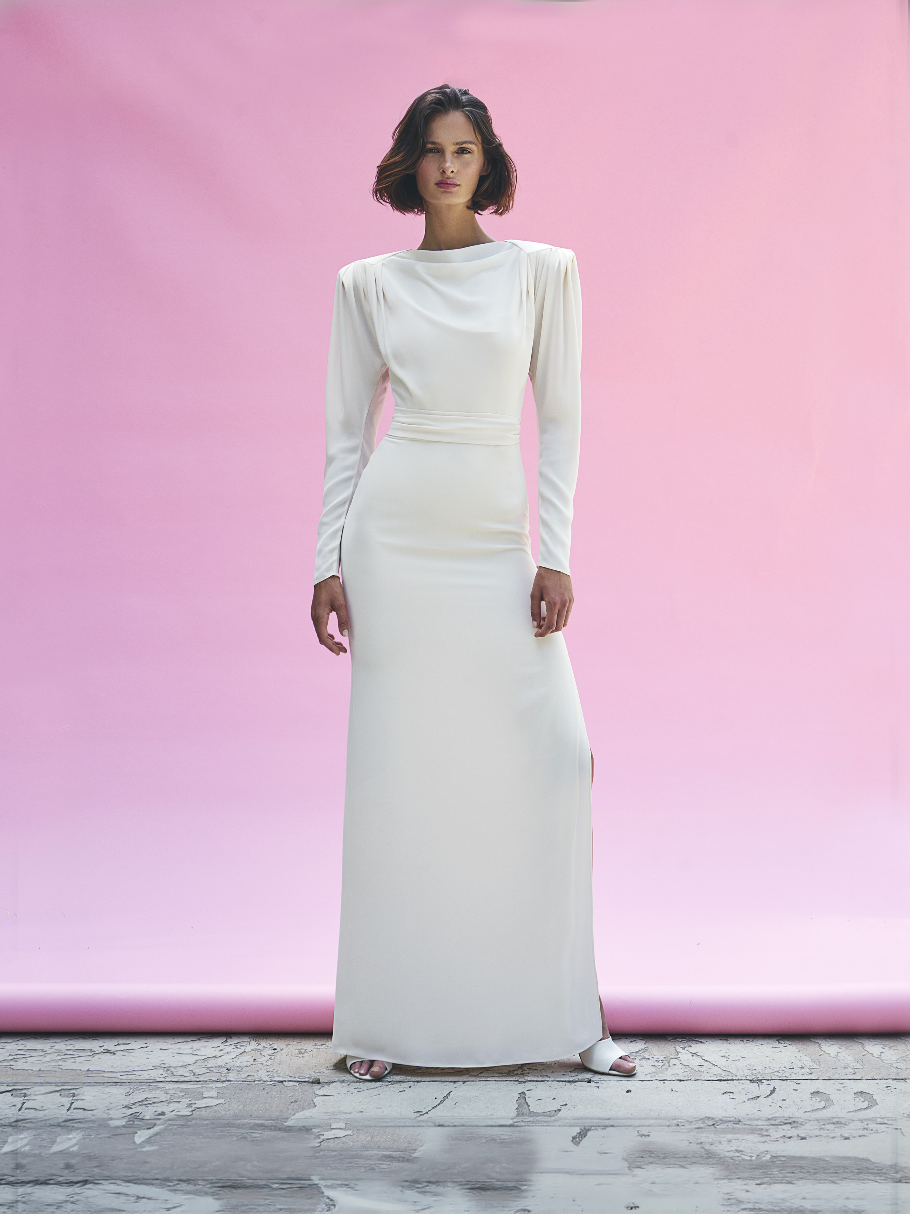Ecru Draped Long Sleeve Maxi Dress
