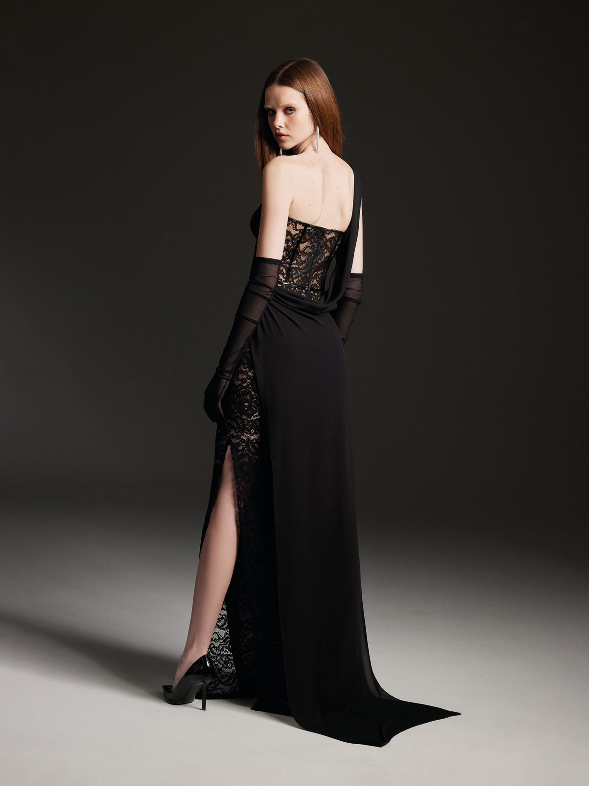 Black One-Shoulder Draped Lace Corset Dress