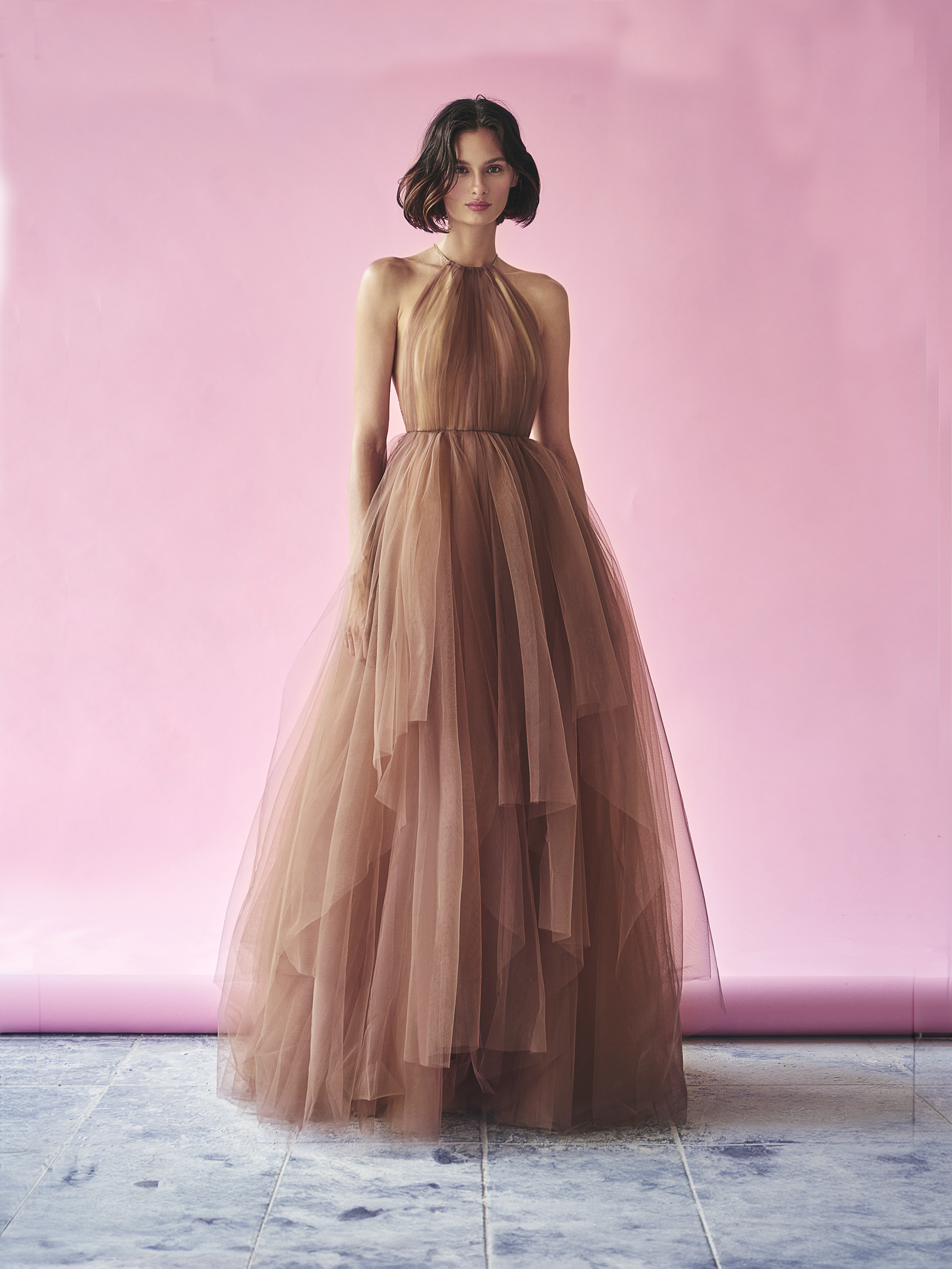 Brown-Nude Halterneck Layered Tulle Gown