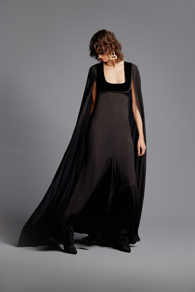 'Dita' Crepe Chiffon Maxi Cape Dres