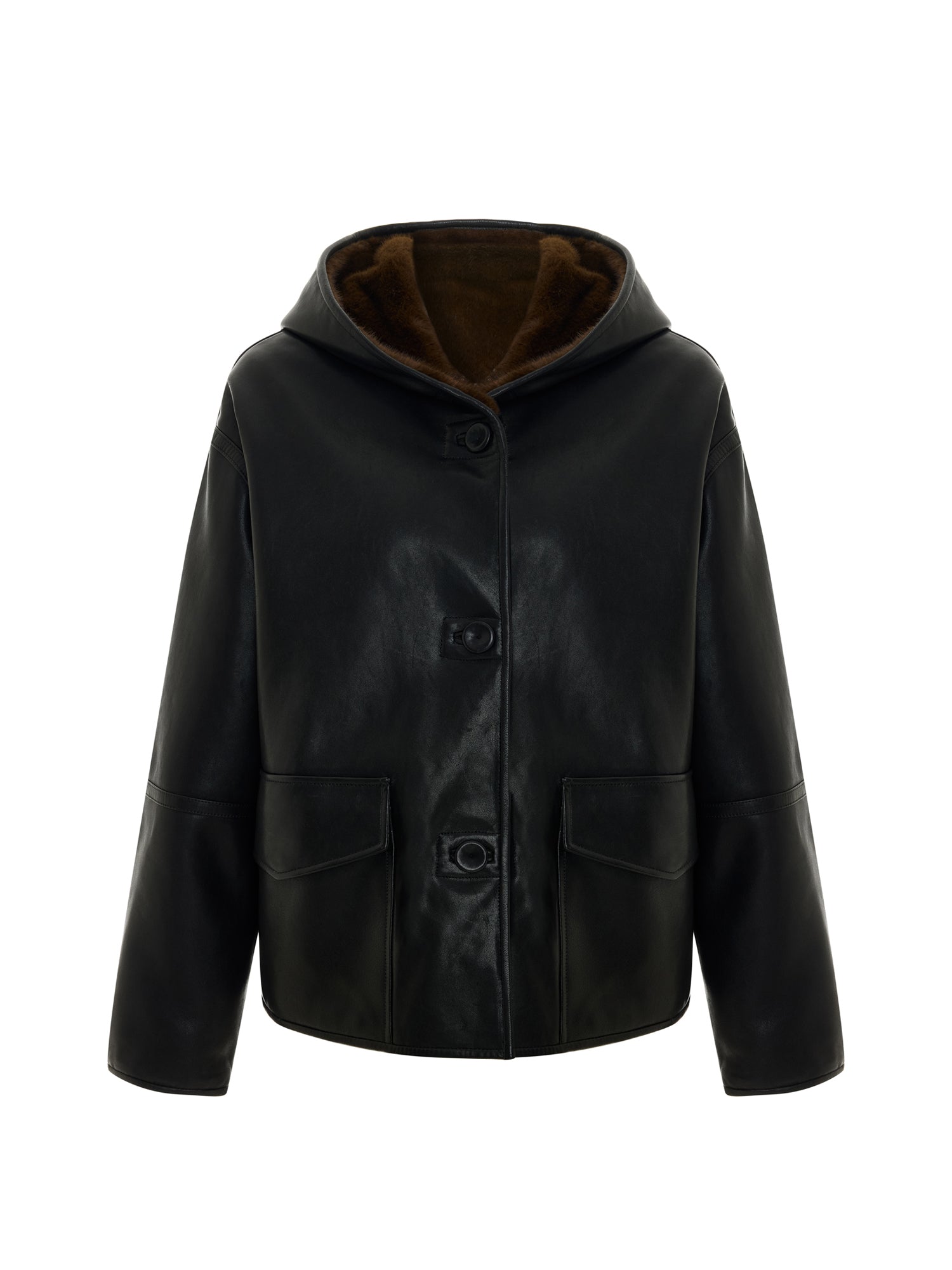 Reversible Hooded Leather and Faux Fur Jacket