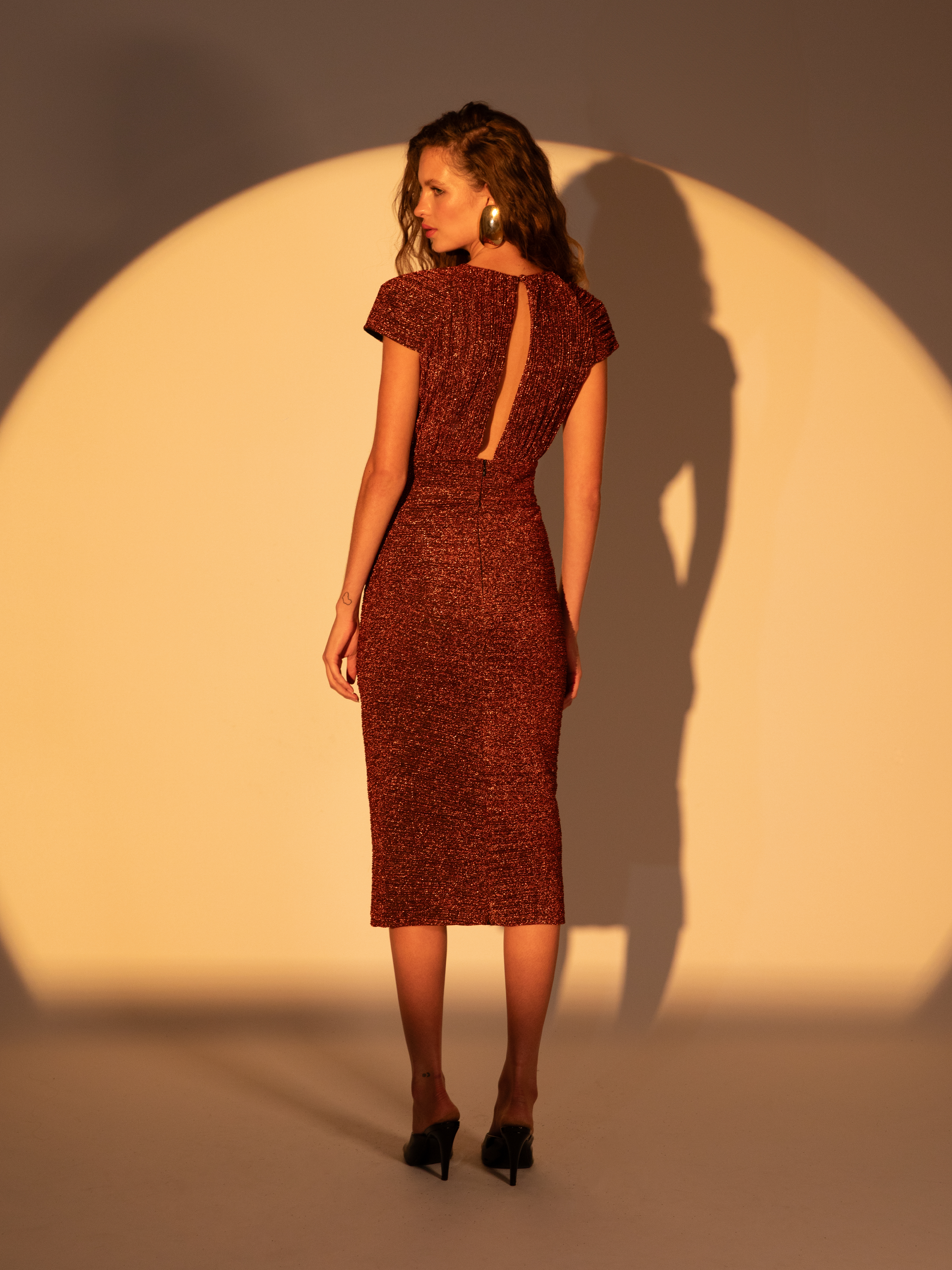 Mettalic Fabric Pleated V-Neck Midi Dress