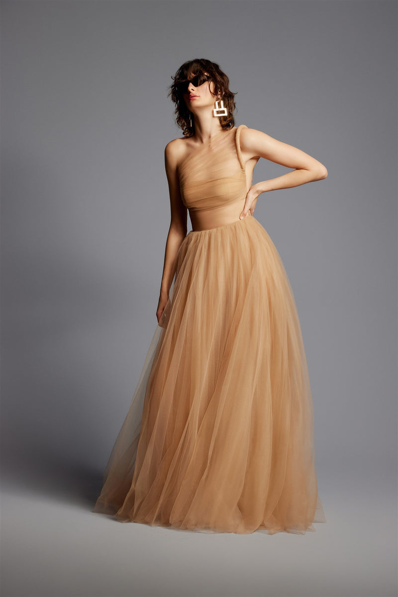 'Amber' One Shoulder Draped Tull Dress