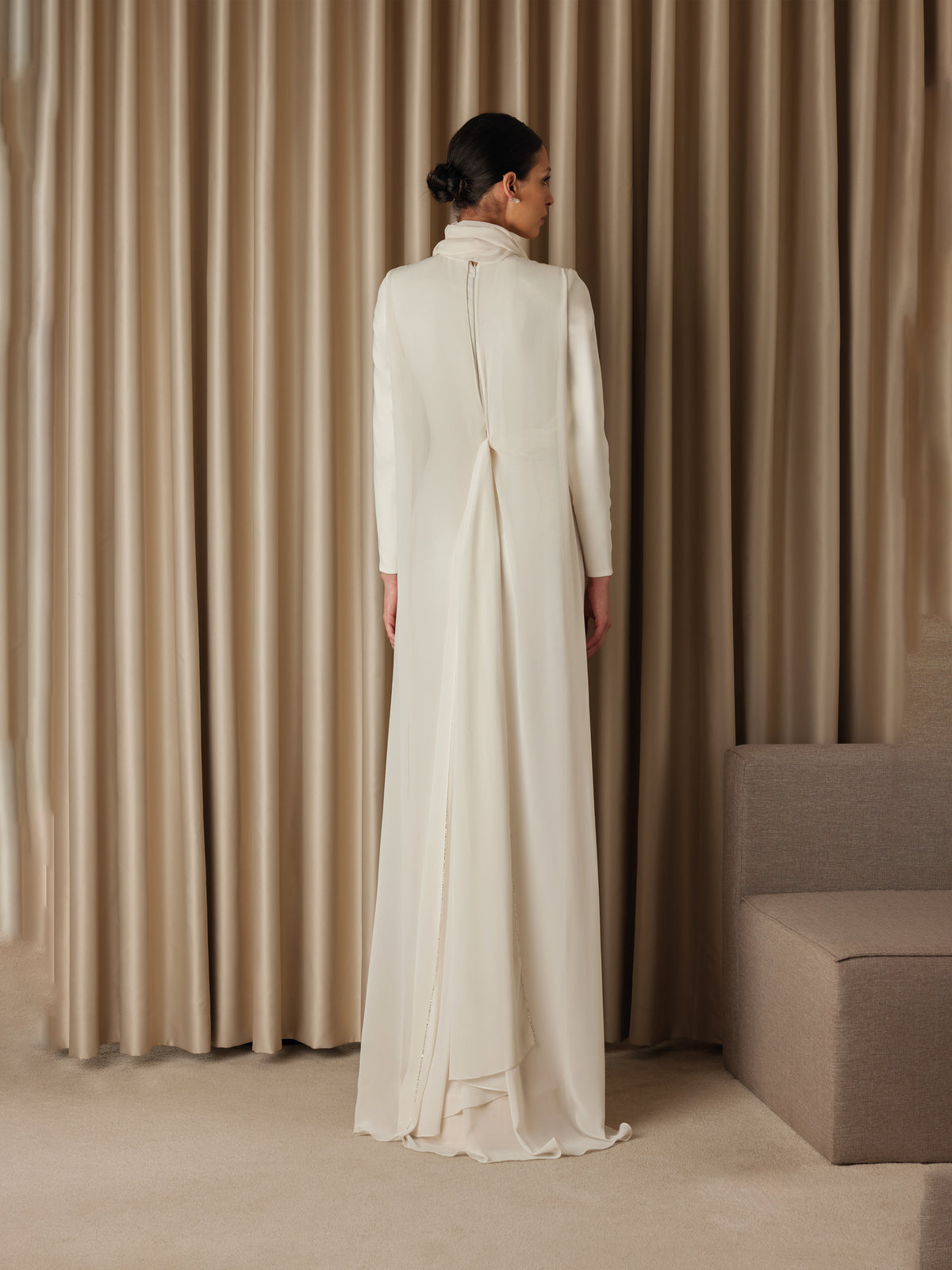 Ecru High-Neck Draped Crepe Gown