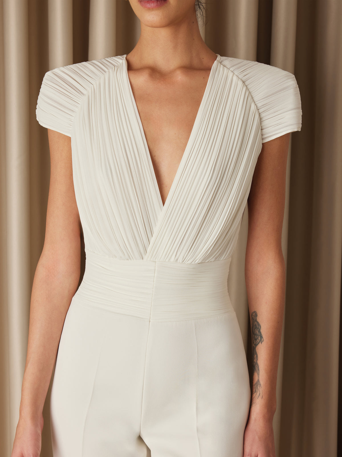 Ivory V-neck wide-leg jumpsuit