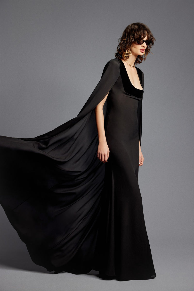 'Dita' Crepe Chiffon Maxi Cape Dres