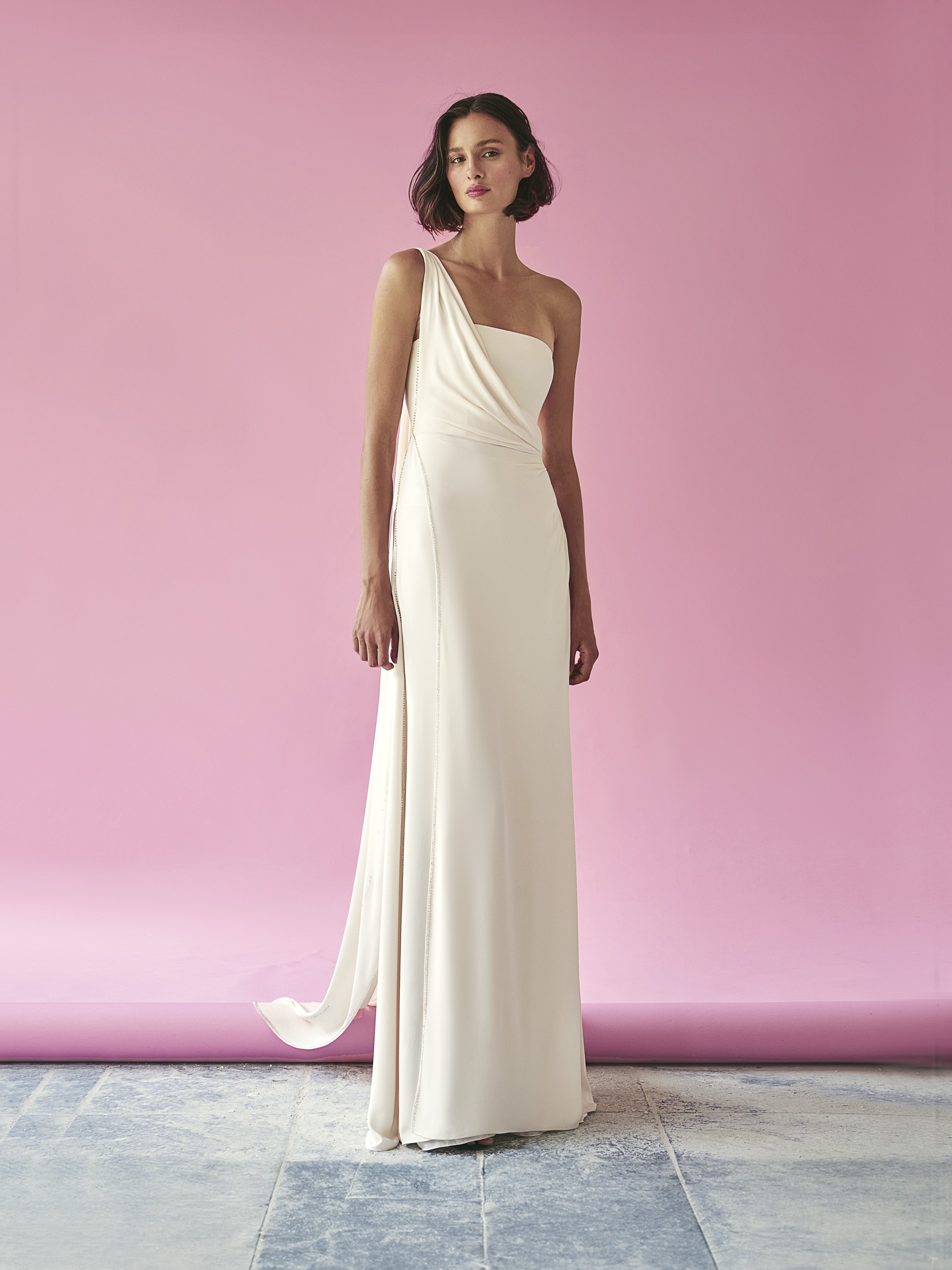 Ecru One-Shoulder Draped Gown