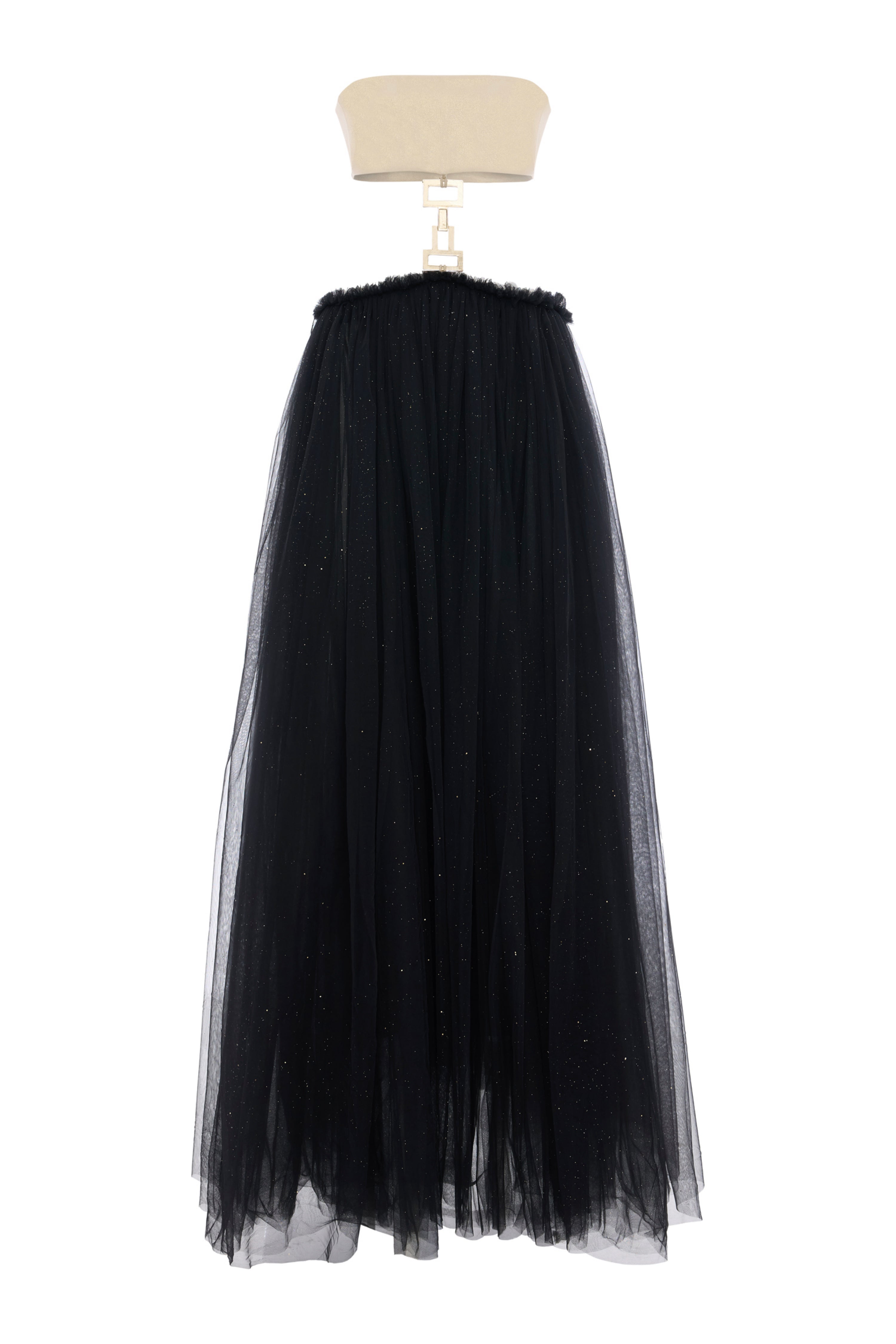 'Ann' Strapless buckled detailed cotton top and tulle maxi dress