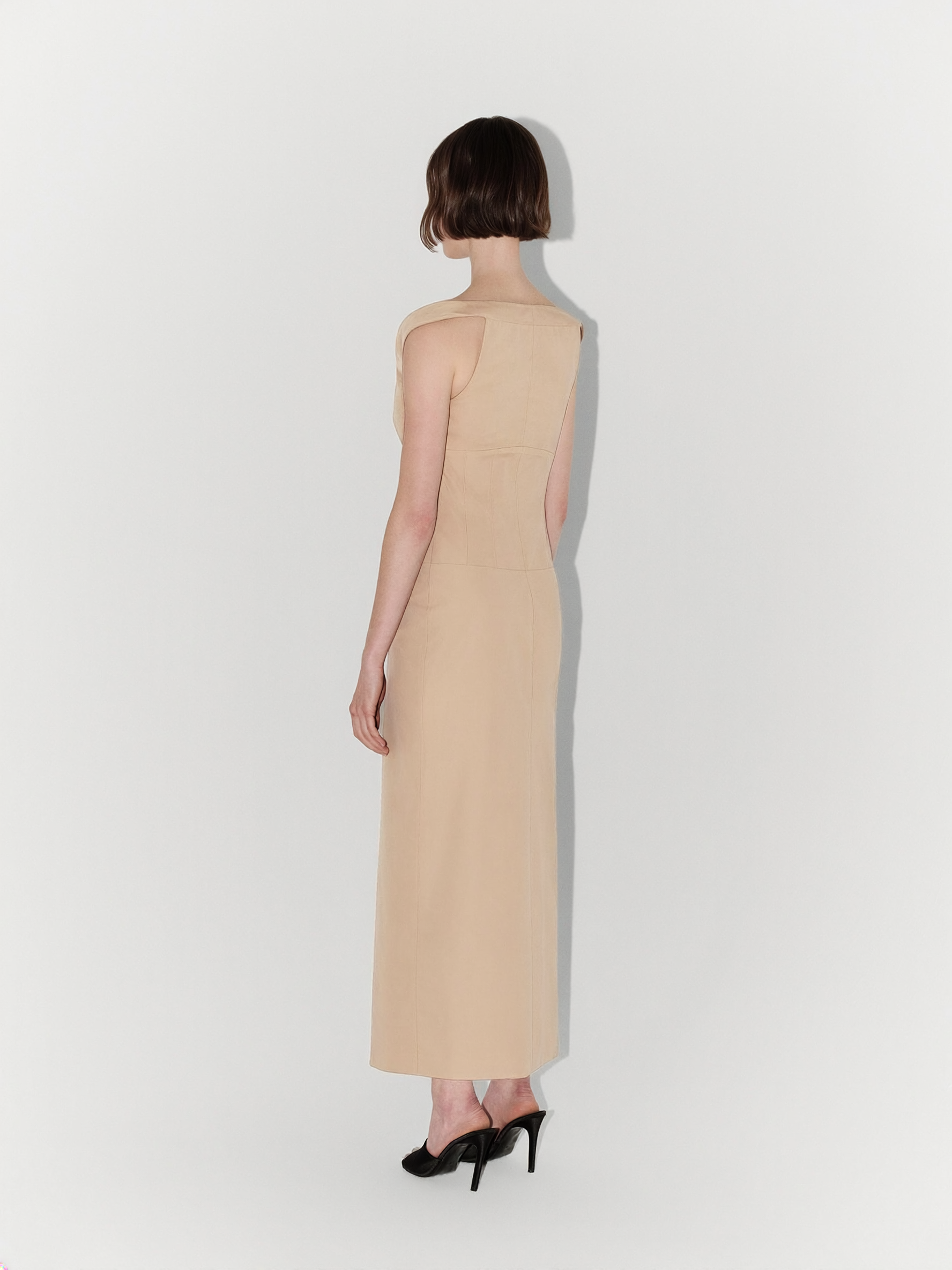 Shoulder-Detailed Poplin Midi Dress in Beige