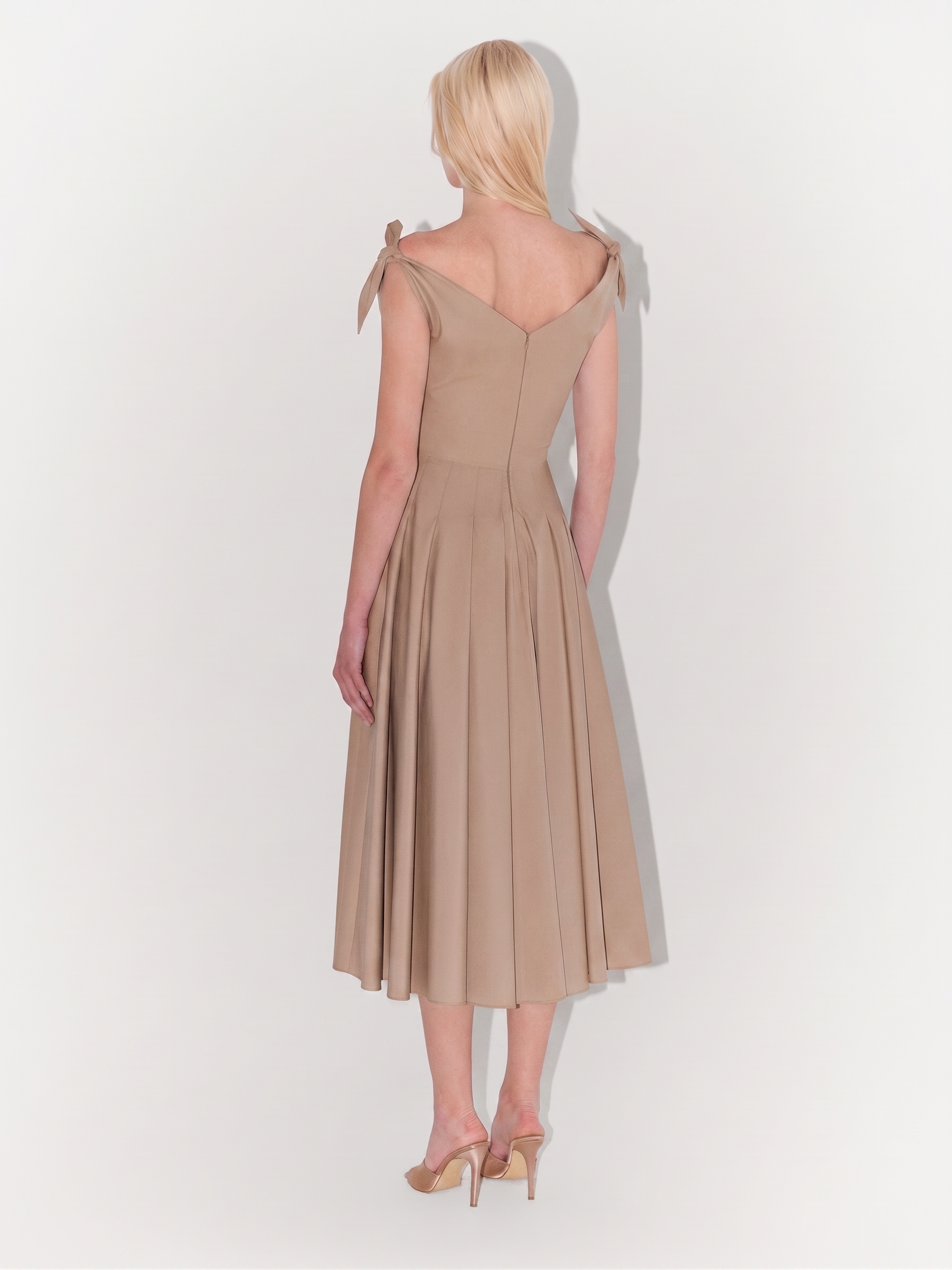 Poplin Tie-Shoulder Midi Dress in Beige