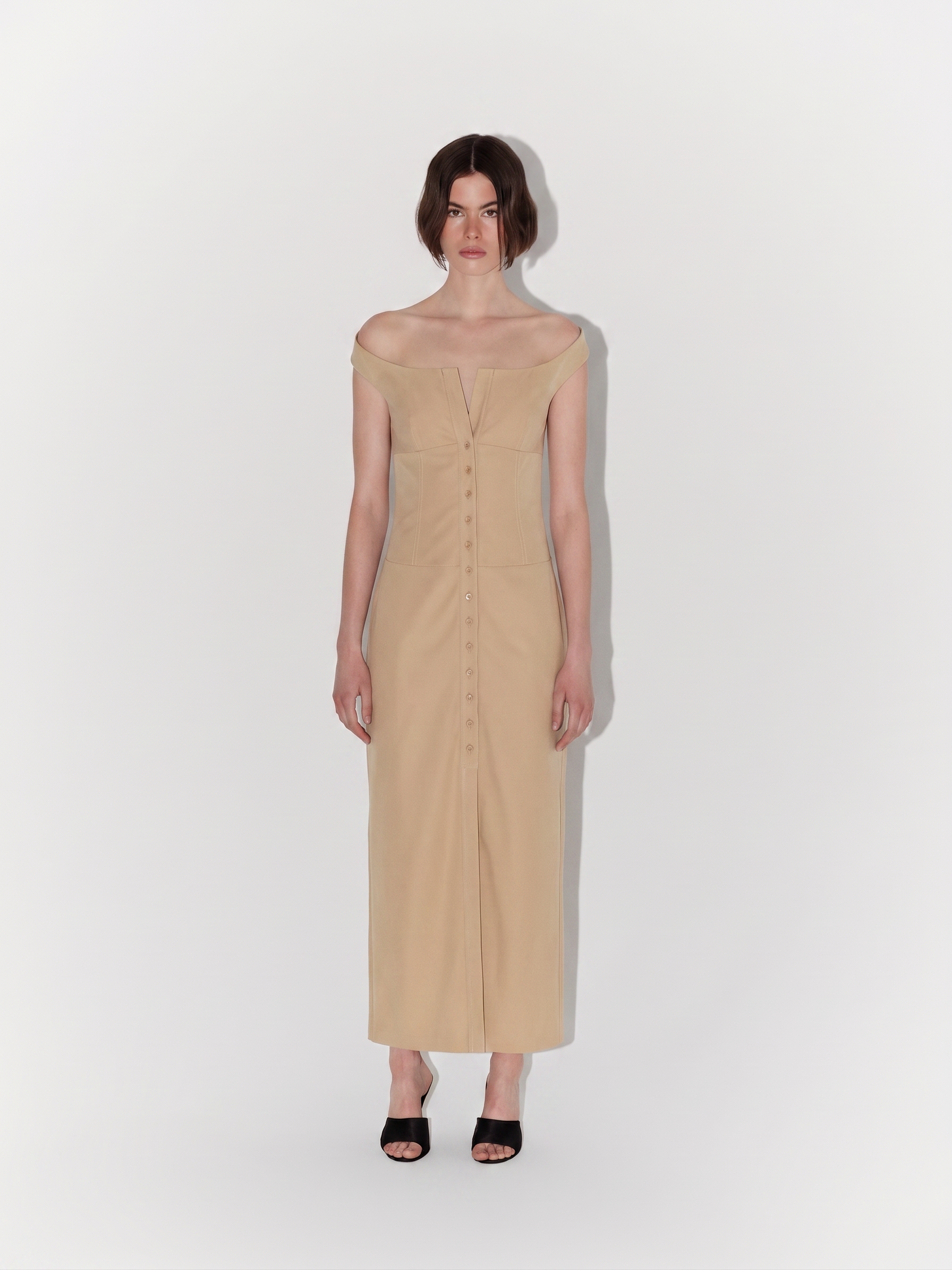Shoulder-Detailed Poplin Midi Dress in Beige
