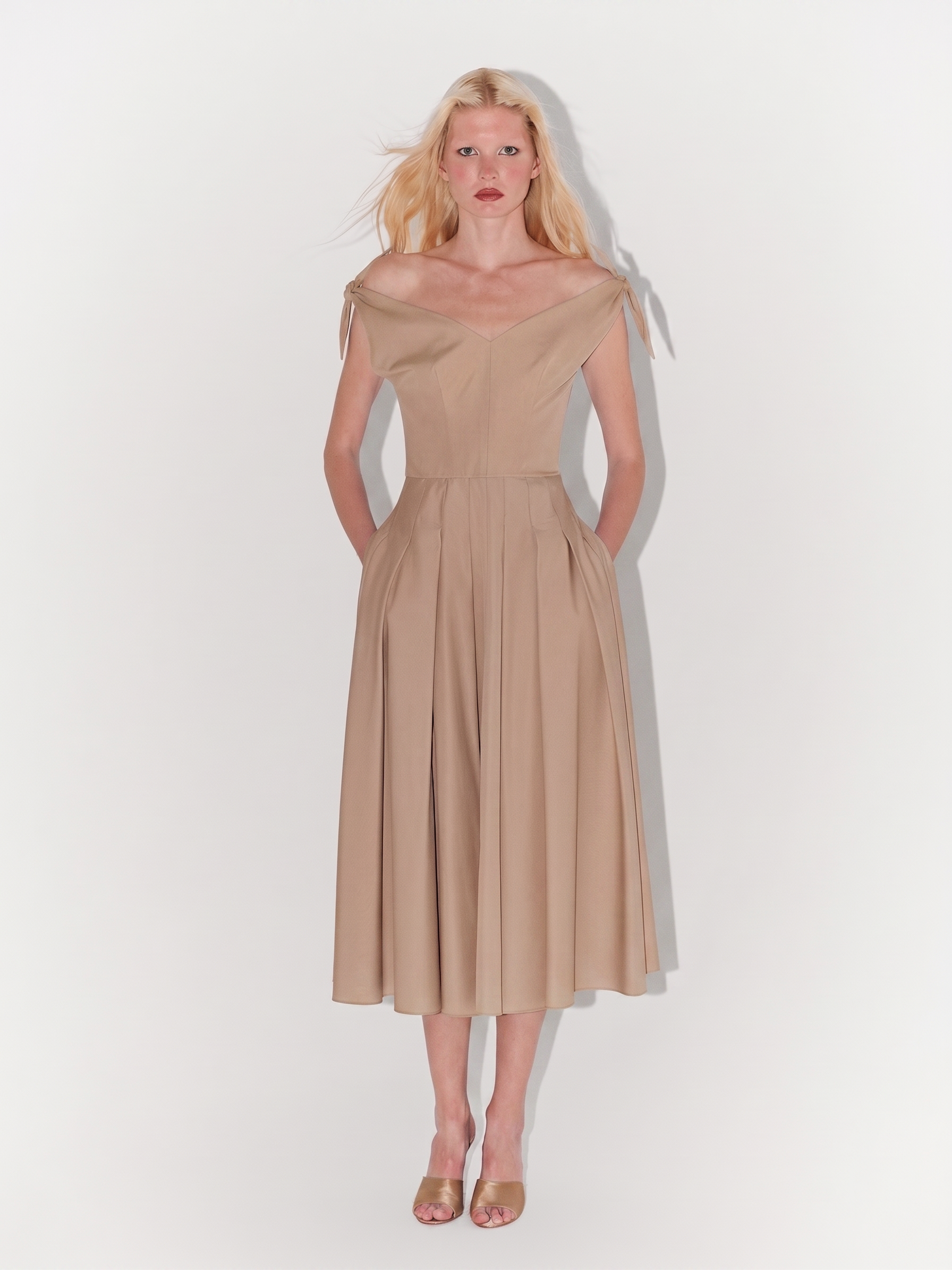 Poplin Tie-Shoulder Midi Dress in Beige