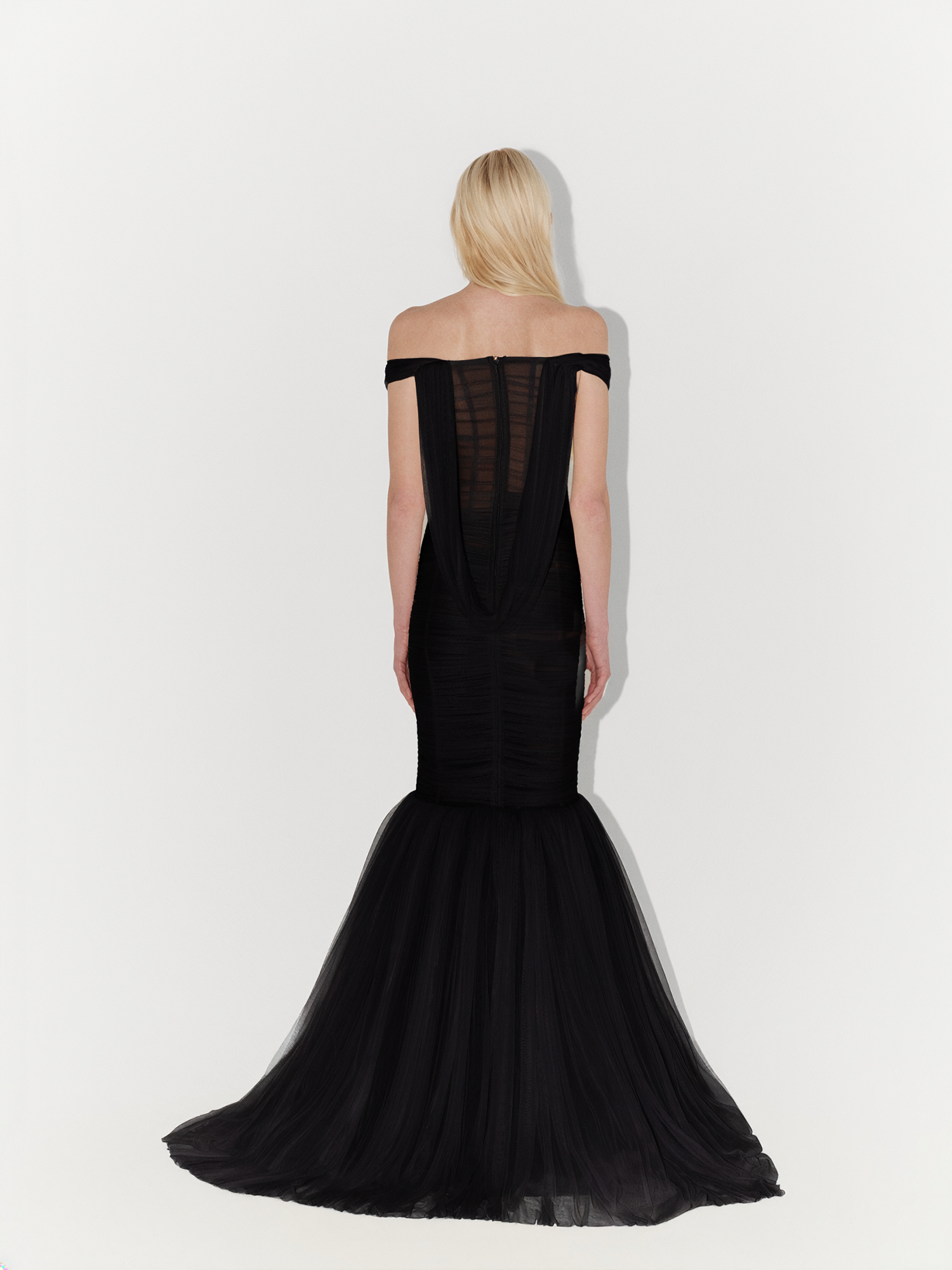 Off-Shoulder Draped Silk Tulle Mermaid Gown in Black