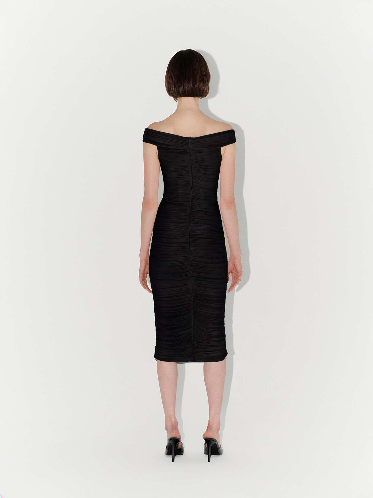 Draped Silk Tulle Off-Shoulder Fitted Midi Dress in Black