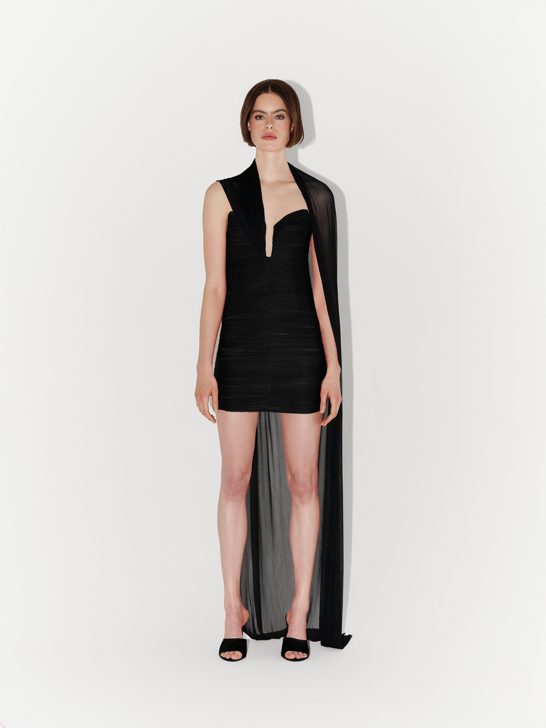 Silk Tulle Draped Fitted Couture Mini Dress in Black