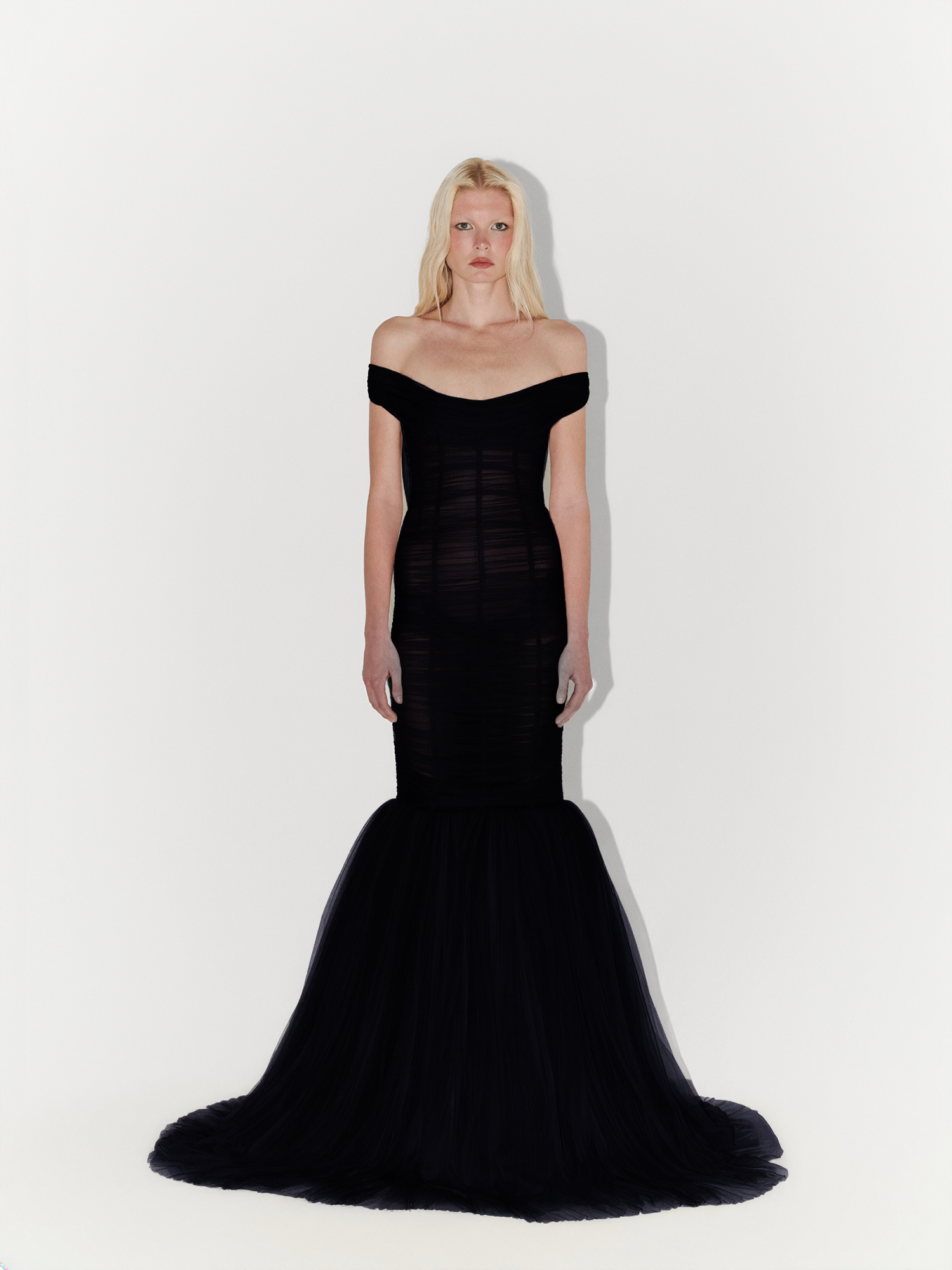 Off-Shoulder Draped Silk Tulle Mermaid Gown in Black