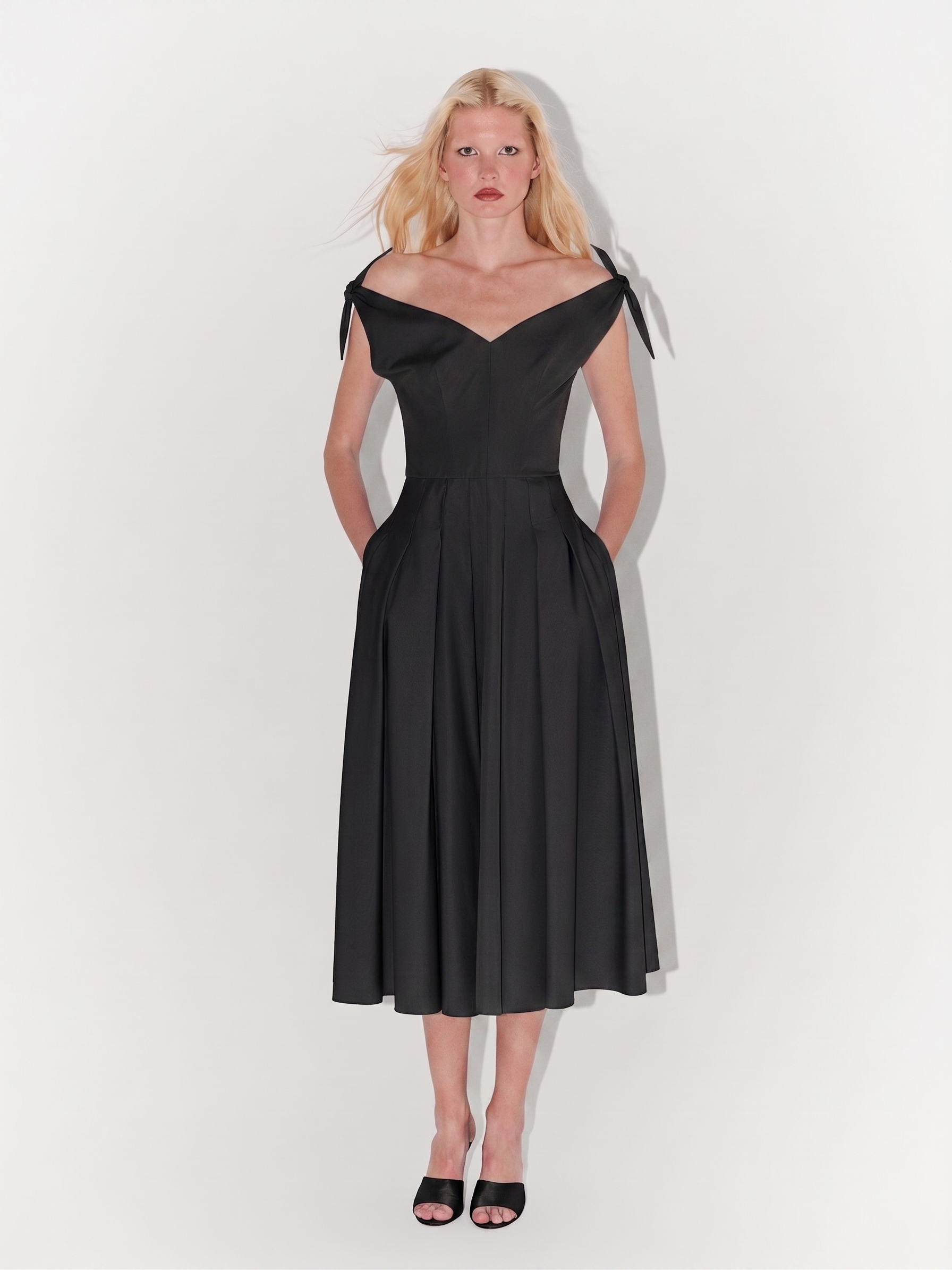 Poplin Tie-Shoulder Midi Dress in Black