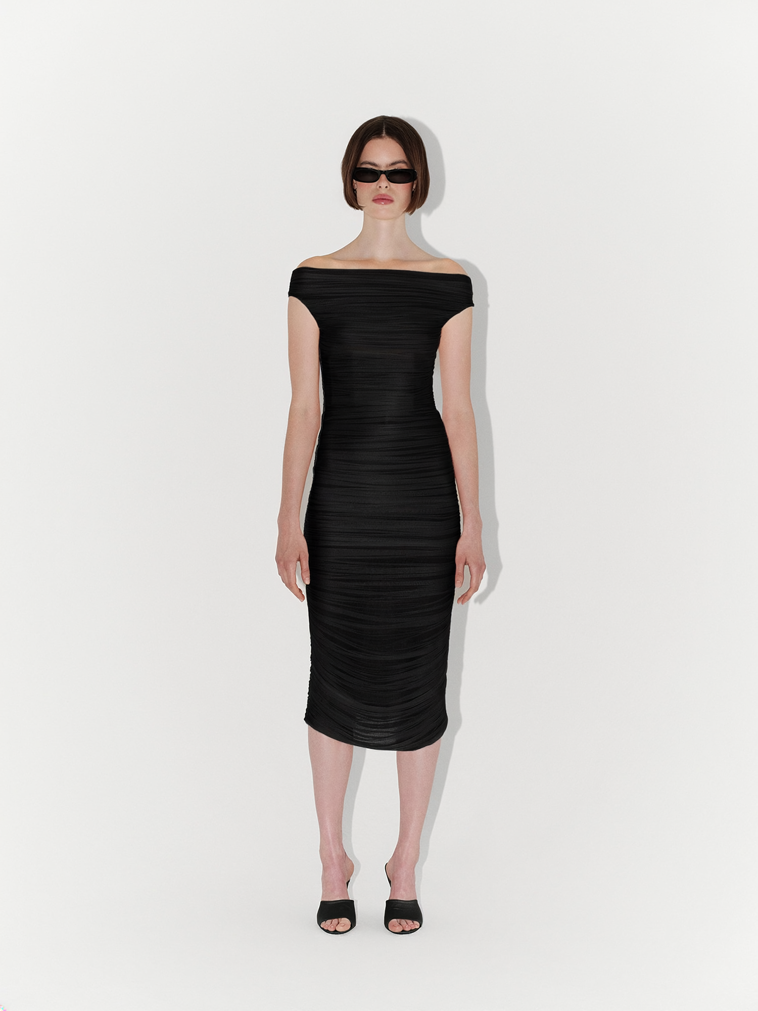 Draped Silk Tulle Off-Shoulder Fitted Midi Dress in Black