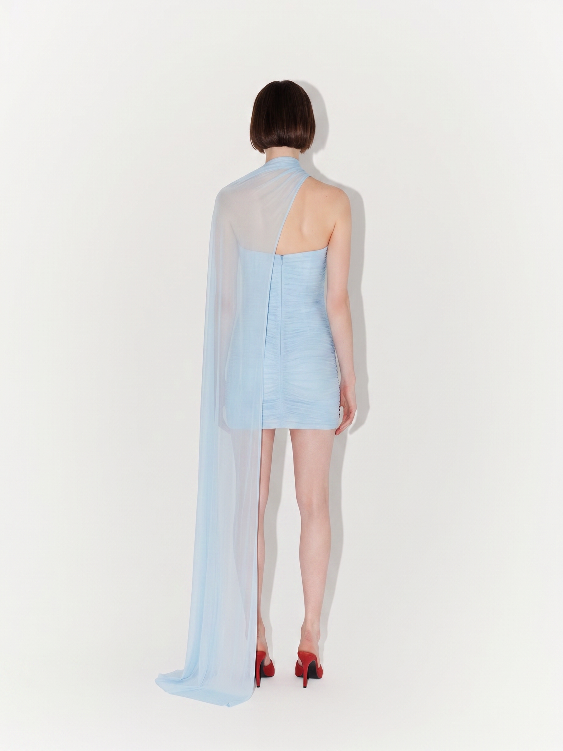 Silk Tulle Draped Fitted Couture Mini Dress in Light Blue