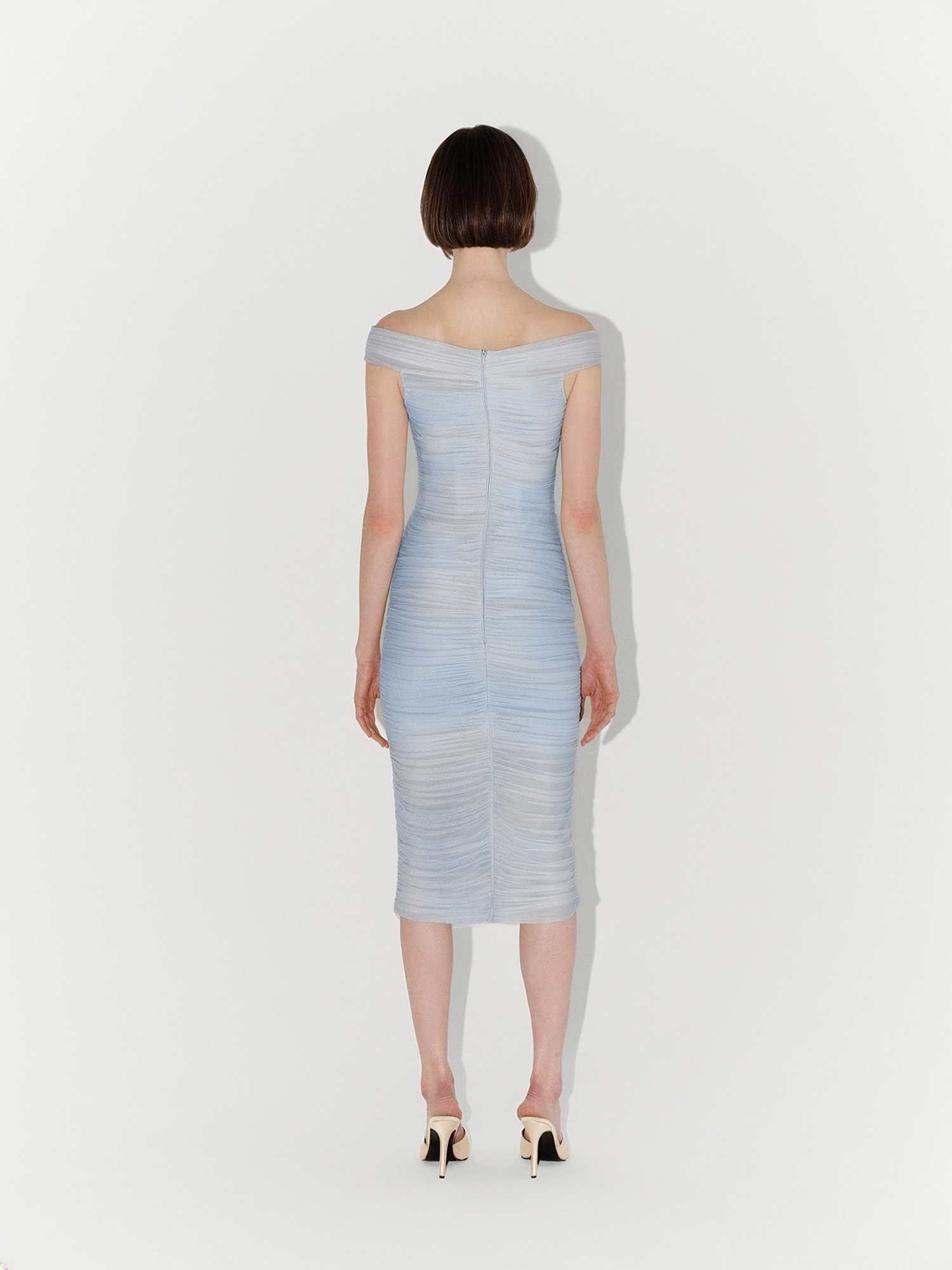 Draped Silk Tulle Off-Shoulder Fitted Midi Dress in Light Blue