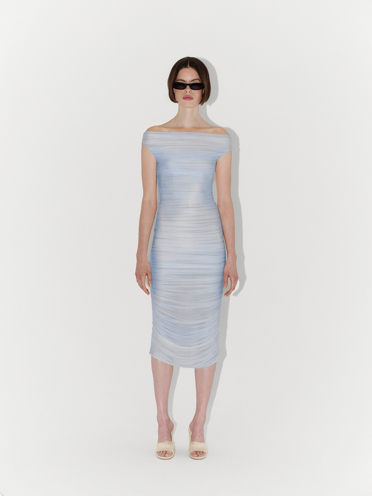 Draped Silk Tulle Off-Shoulder Fitted Midi Dress in Light Blue
