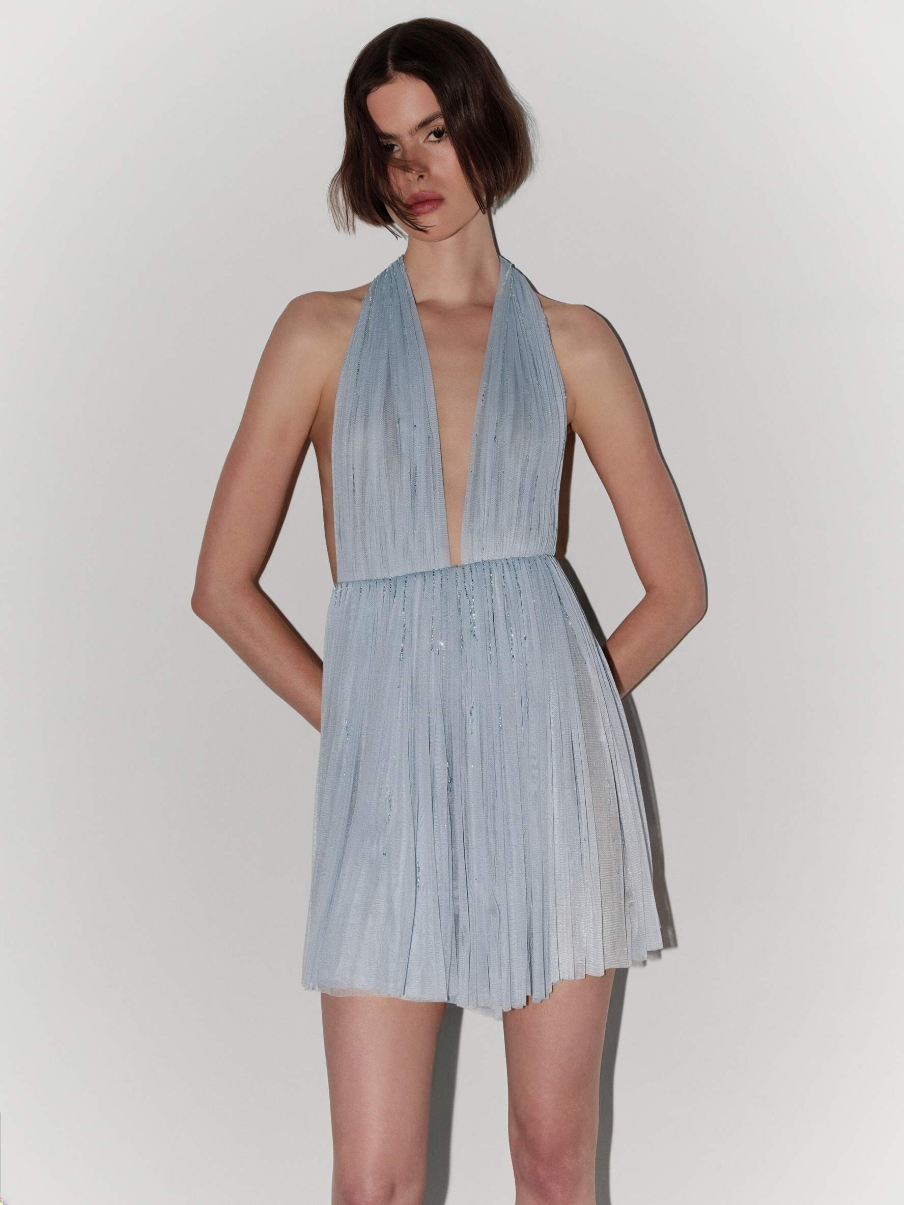 Halter-Neck Hand-Embroidered Silk Tulle Couture Mini Dress in Light Blue