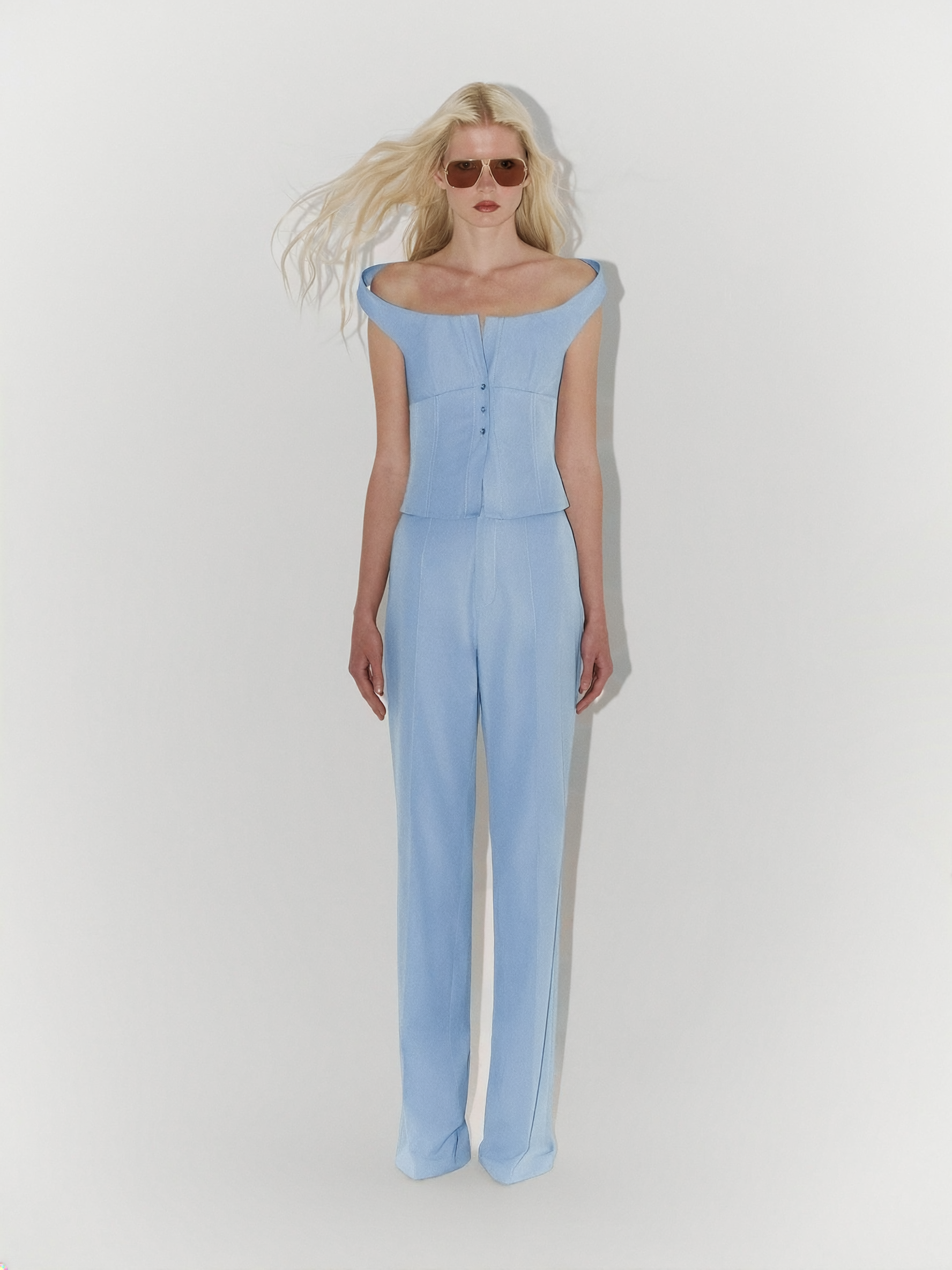 Shoulder-Detailed Poplin Bustier in Blue