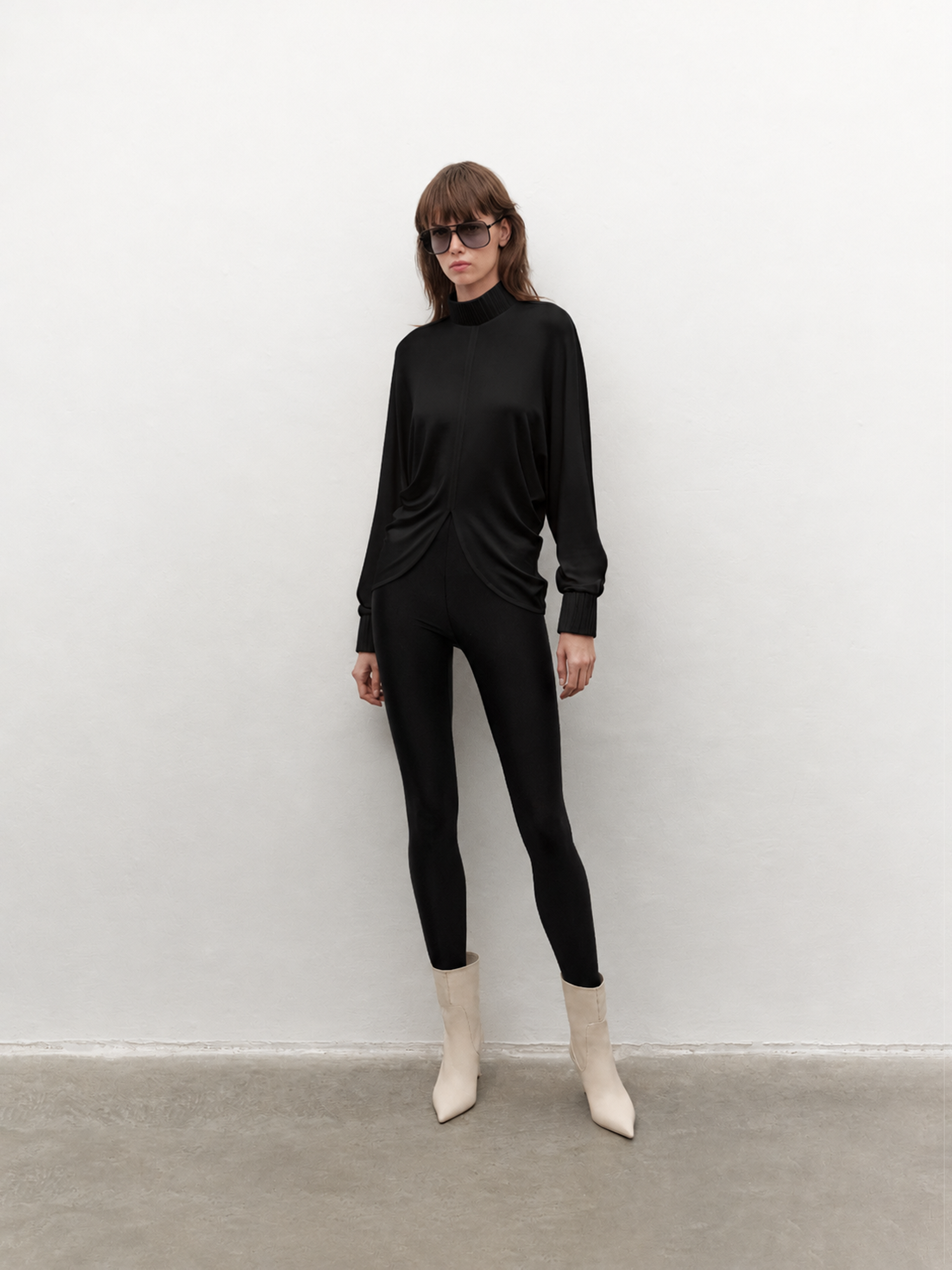 Drape-detail high-neck batwing sleeve blouse in black