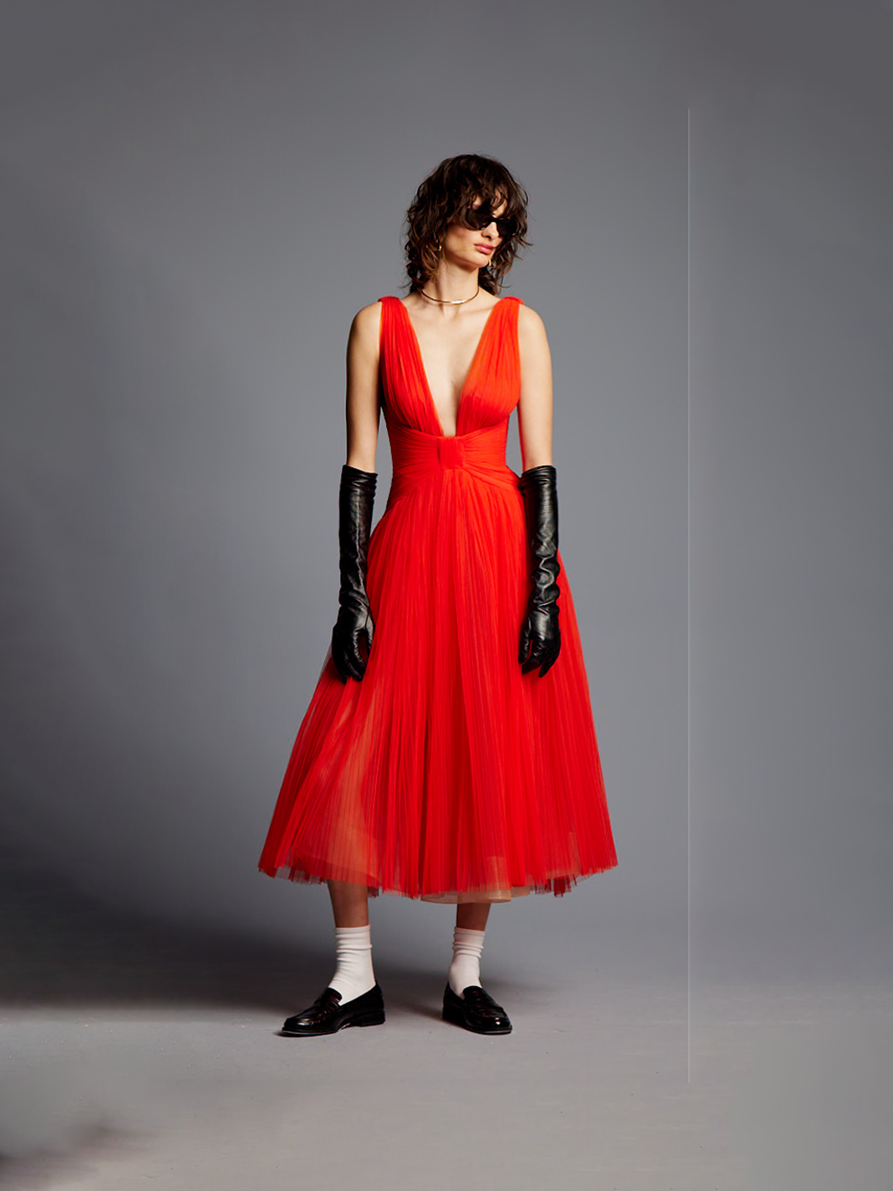 Red Pleated Tulle Midi Dress