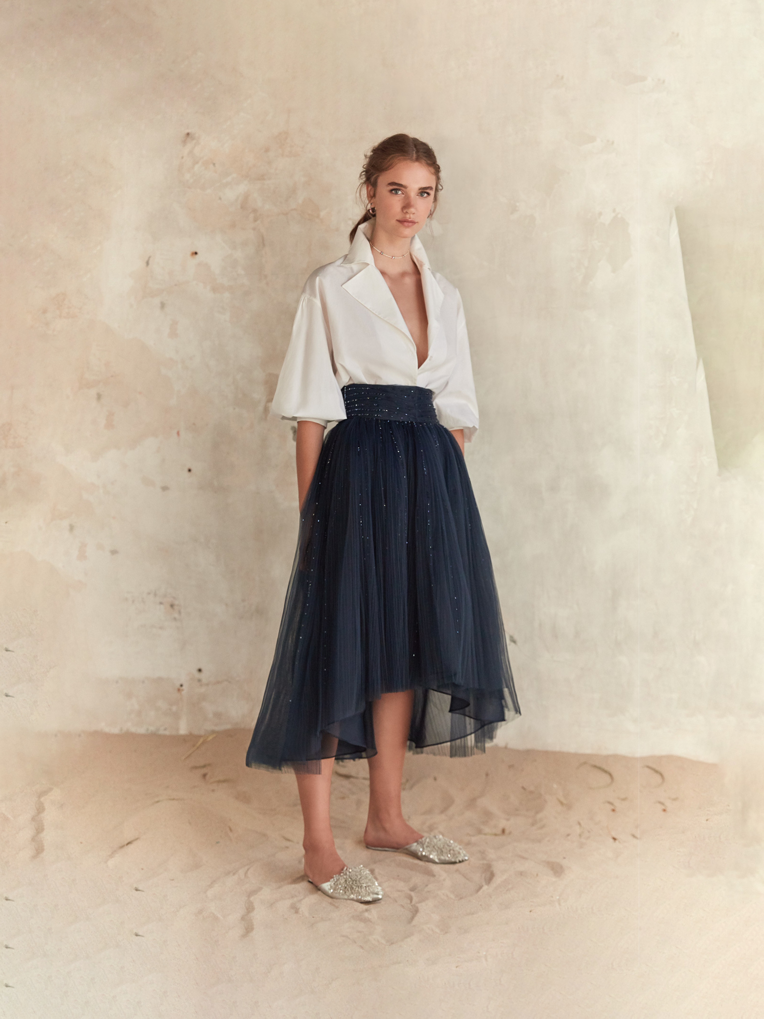 Blue Pleated Tulle Midi Skirt