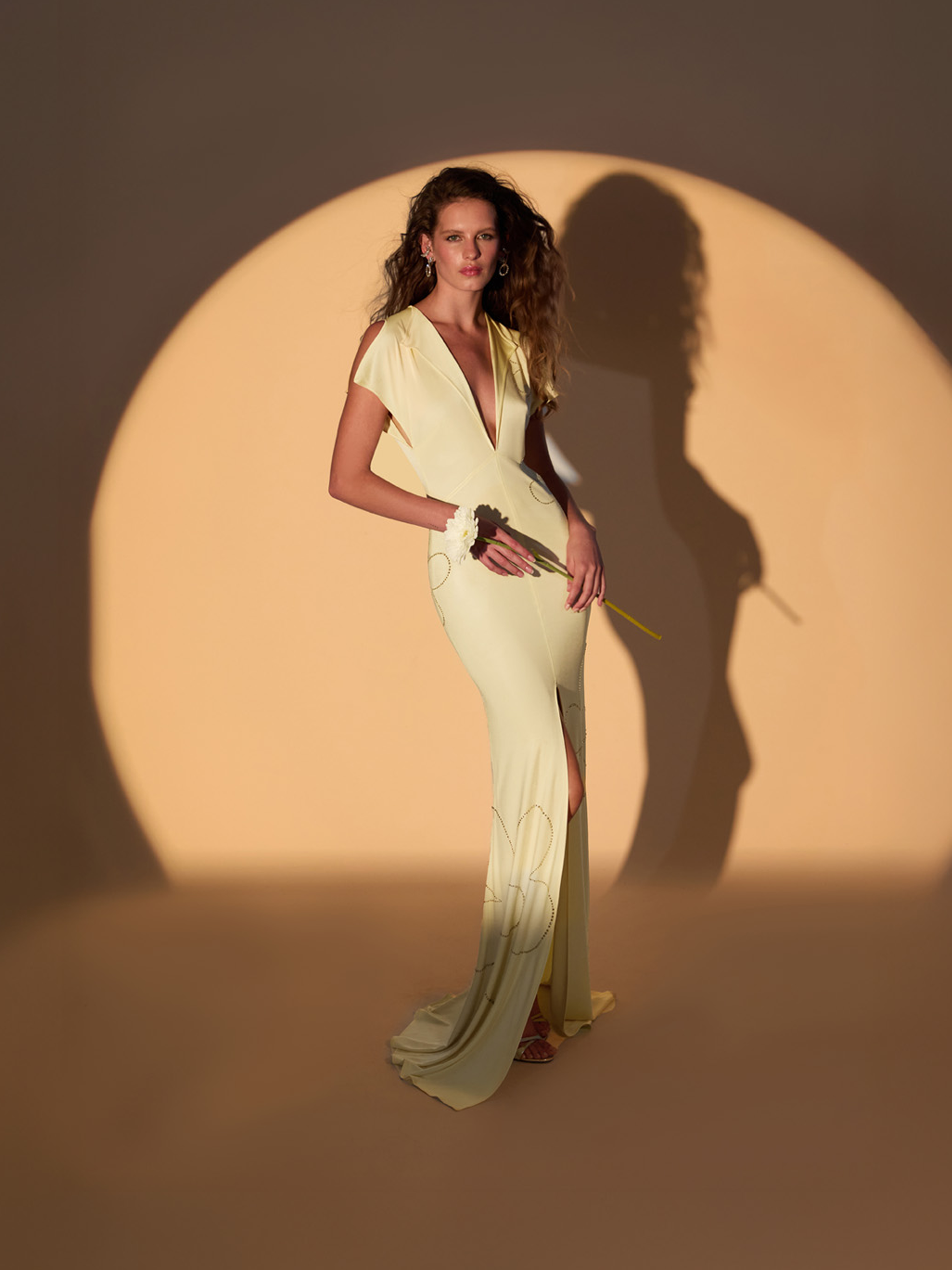 Yellow Floral Embroidered Stretch-Jersey Maxi Dress