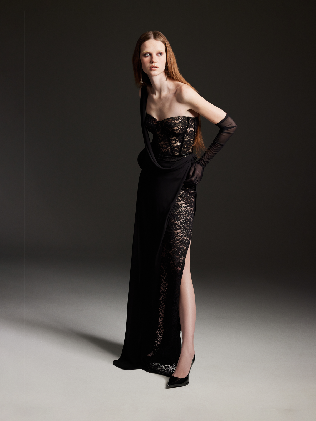 Black One-Shoulder Draped Lace Corset Dress