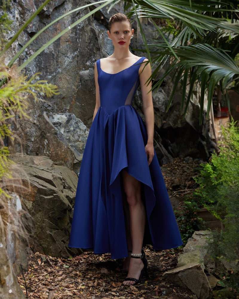 "Liv" Midi Taffeta Dress with Asymmetrical Skirt Detail