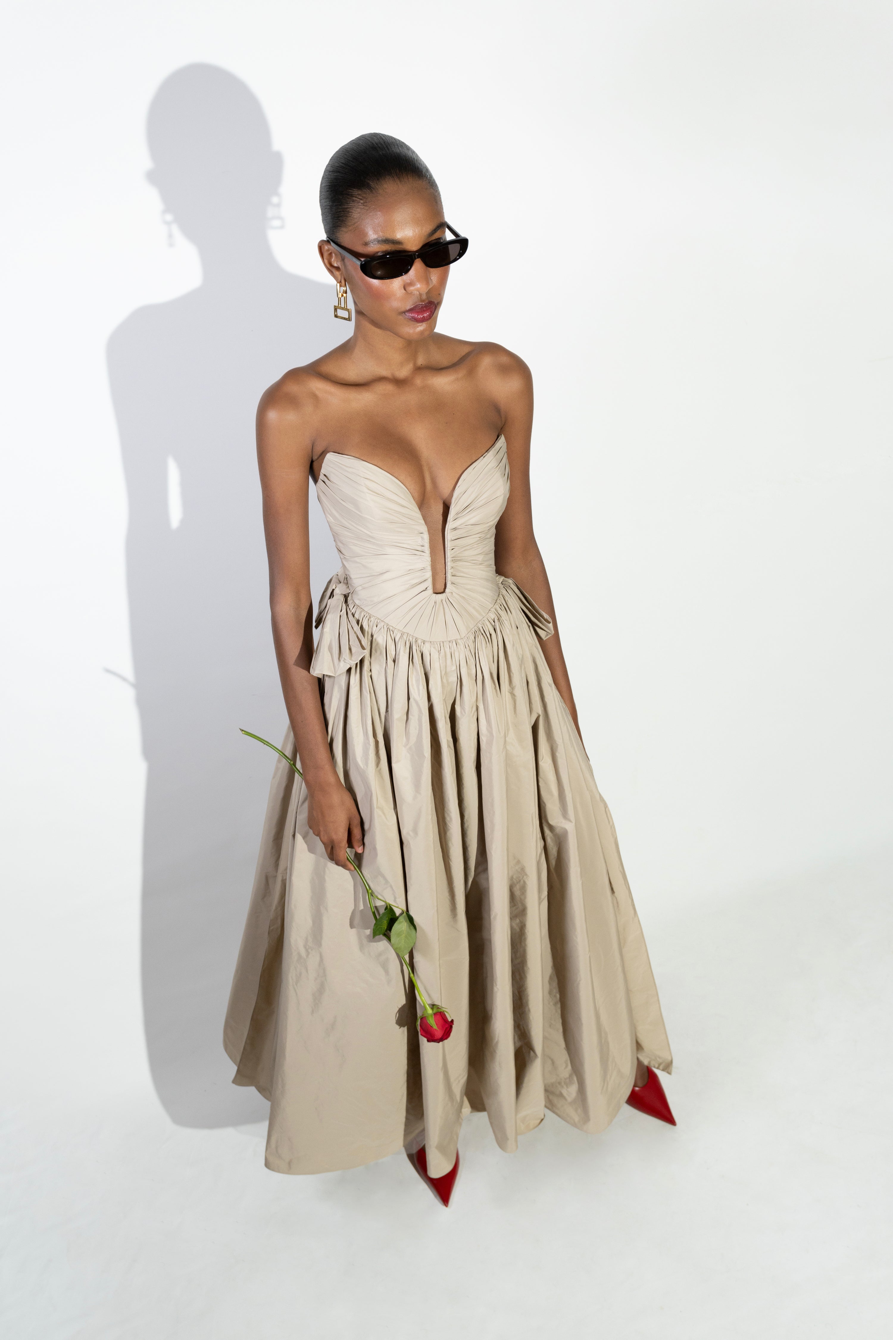 'Cami' Strapless draped taffetta midi dress