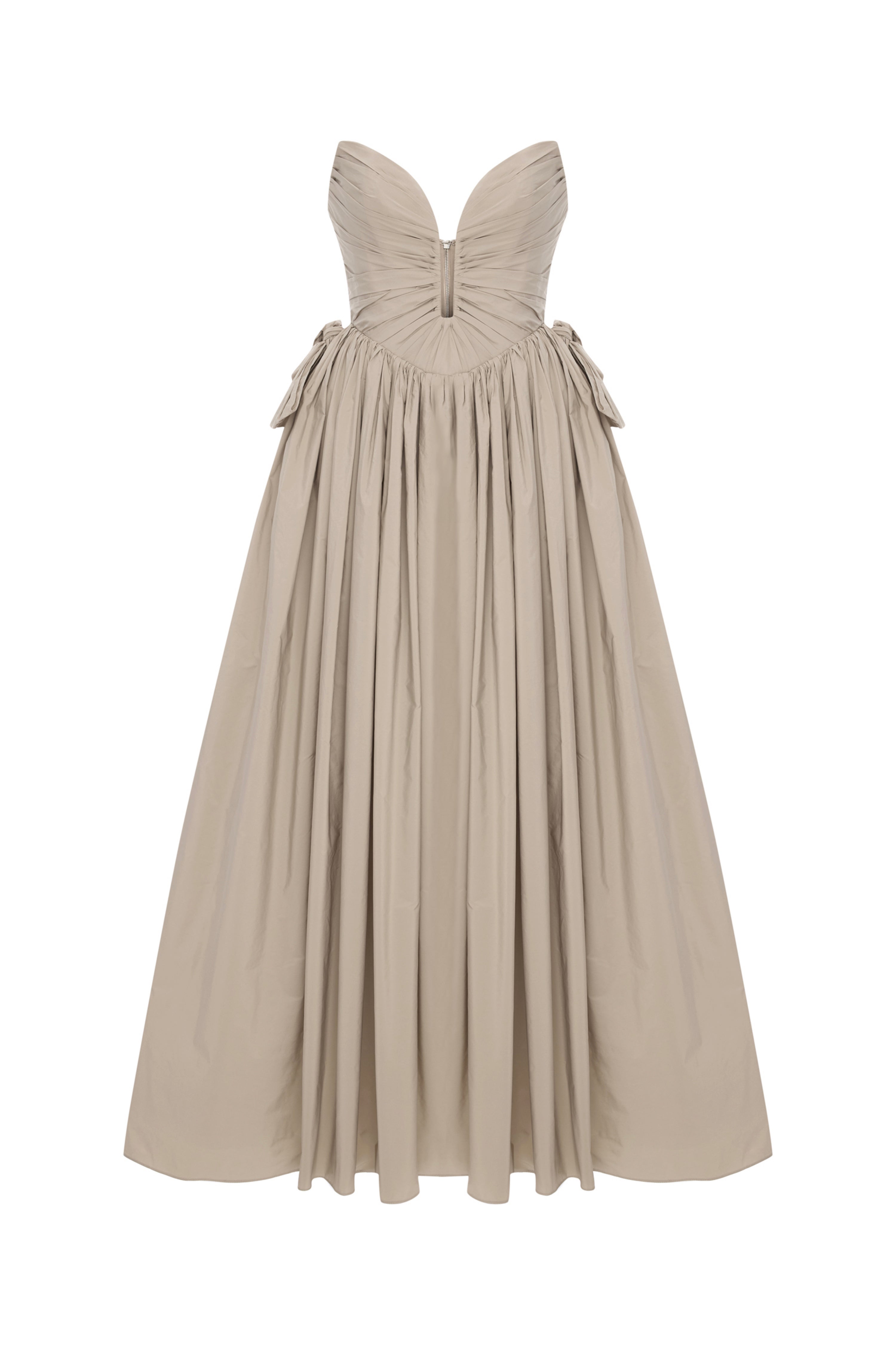 'Cami' Strapless draped taffetta midi dress