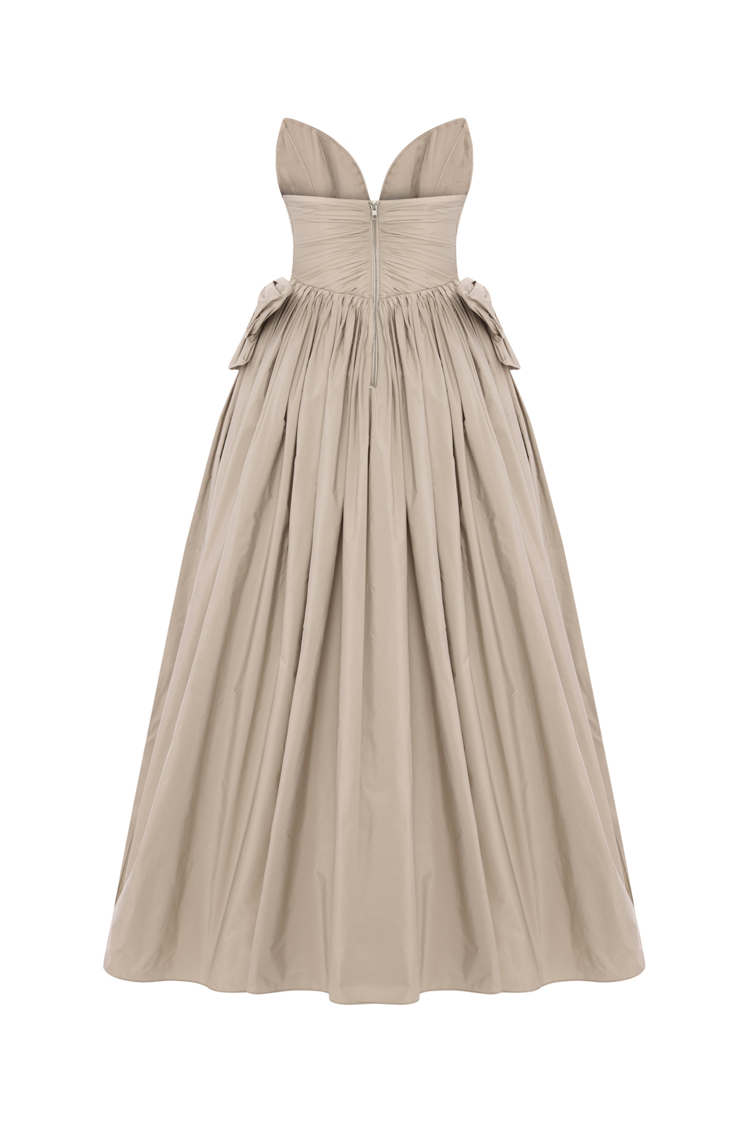 'Cami' Strapless draped taffetta midi dress