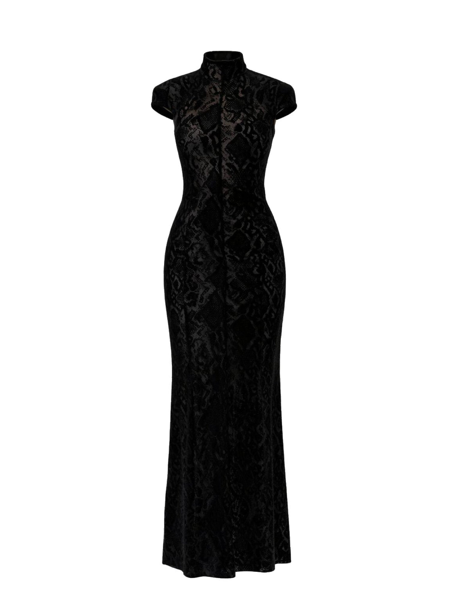 Structured-shoulder Snake-print flocked Velvet Maxi Dress in Black