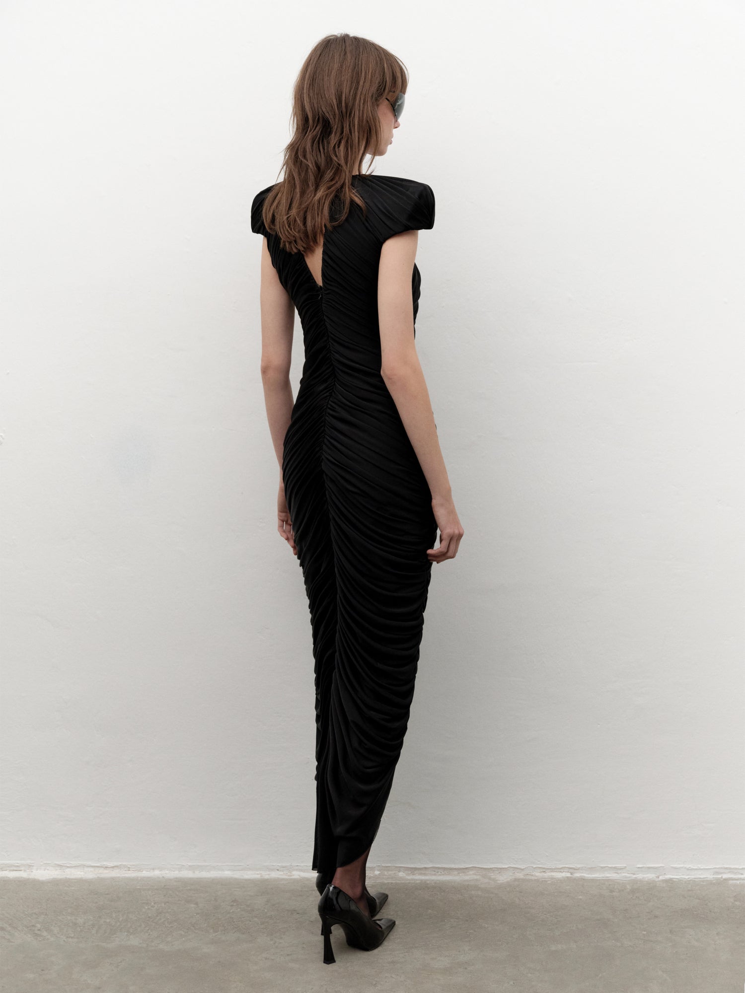 Sculptural-shoulder Draped Maxi Dress in Black