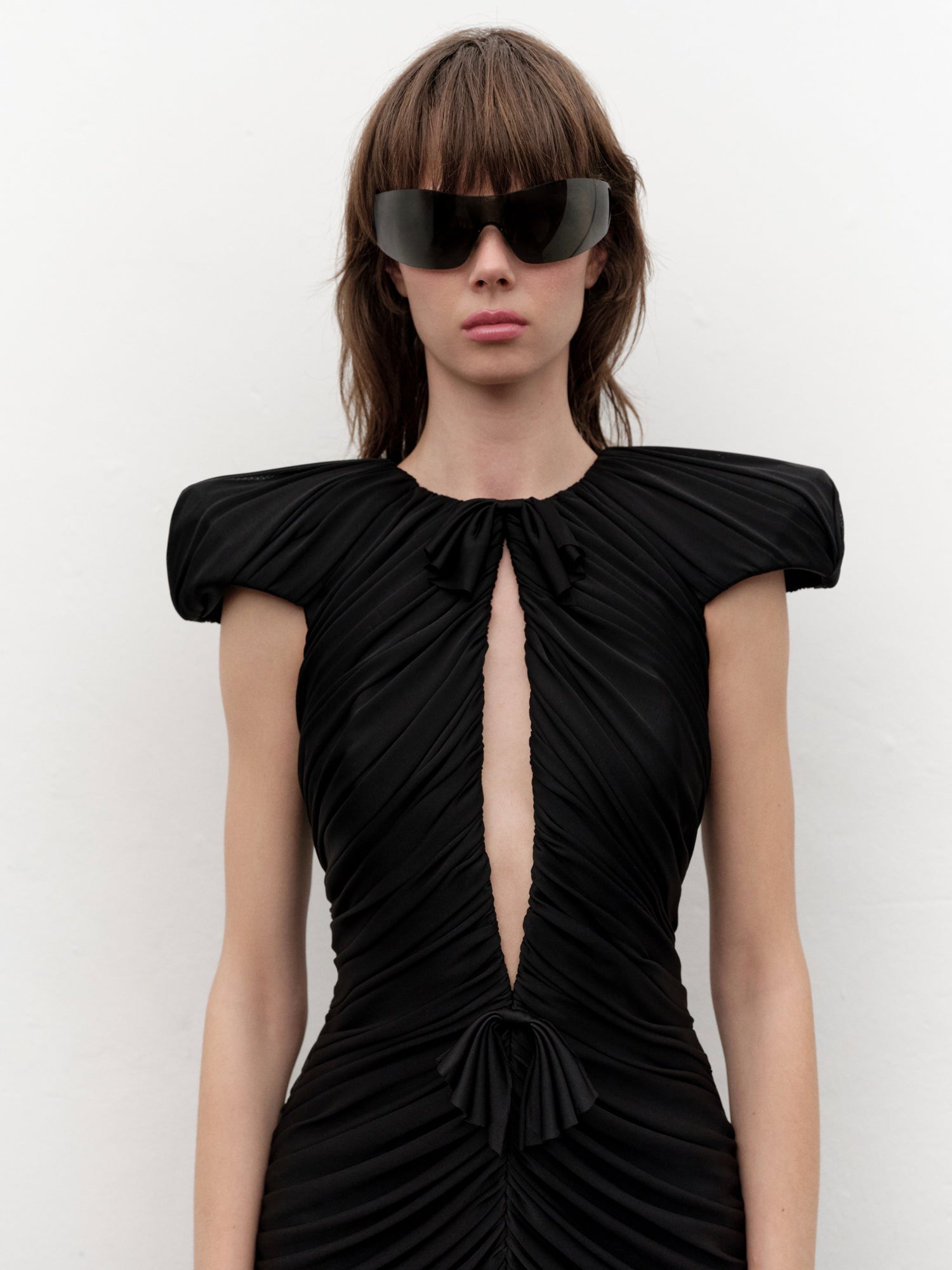 Sculptural-shoulder Draped Maxi Dress in Black