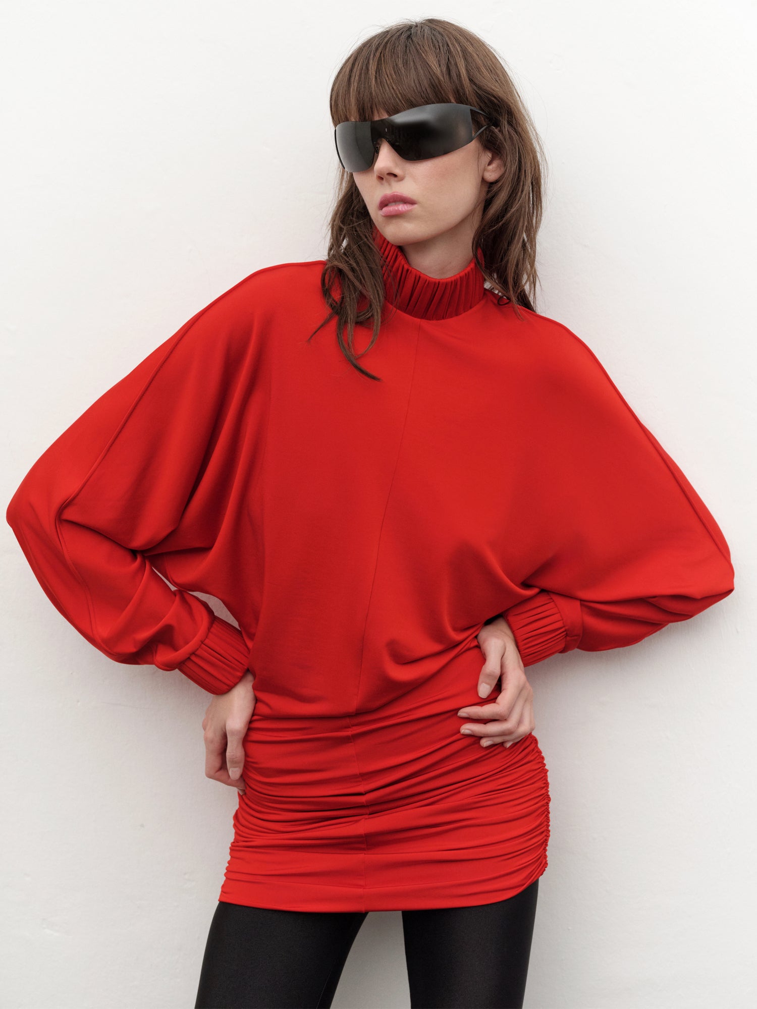 Drape-detailed High-neck Batwing Sleeve Mini Dress in Red