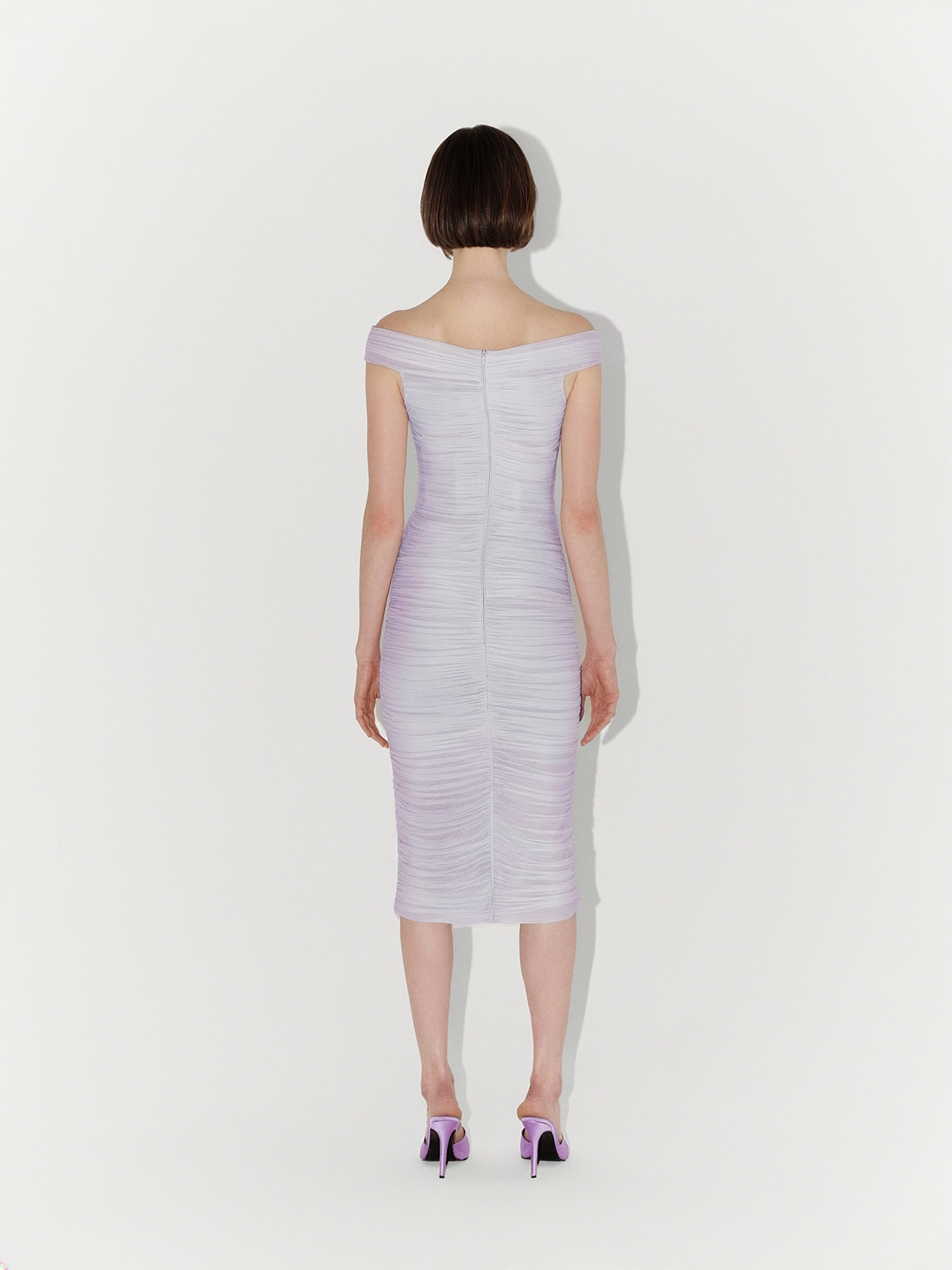 Draped Silk Tulle Off-Shoulder Fitted Midi Dress in Lilac