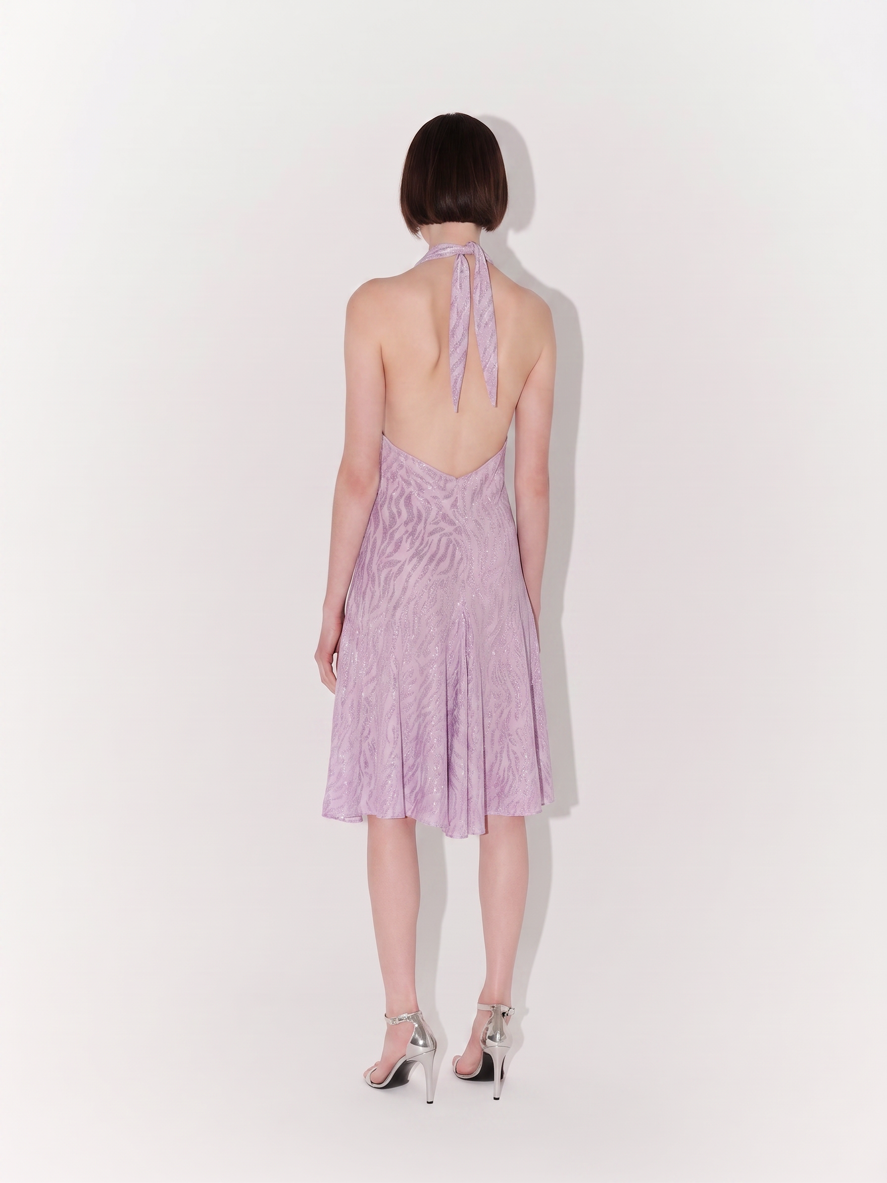 Halter-Neck Shimmer Textured Mini Dress in Lilac