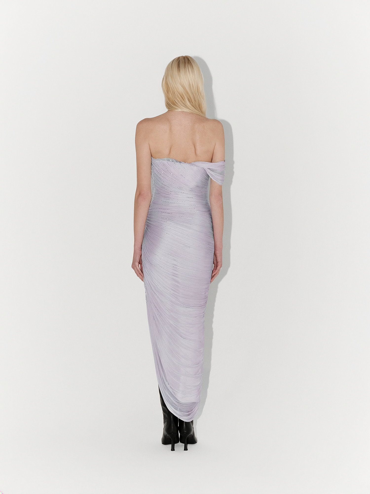 Hand-Embellished Silk Tulle Midi Dress in Lilac