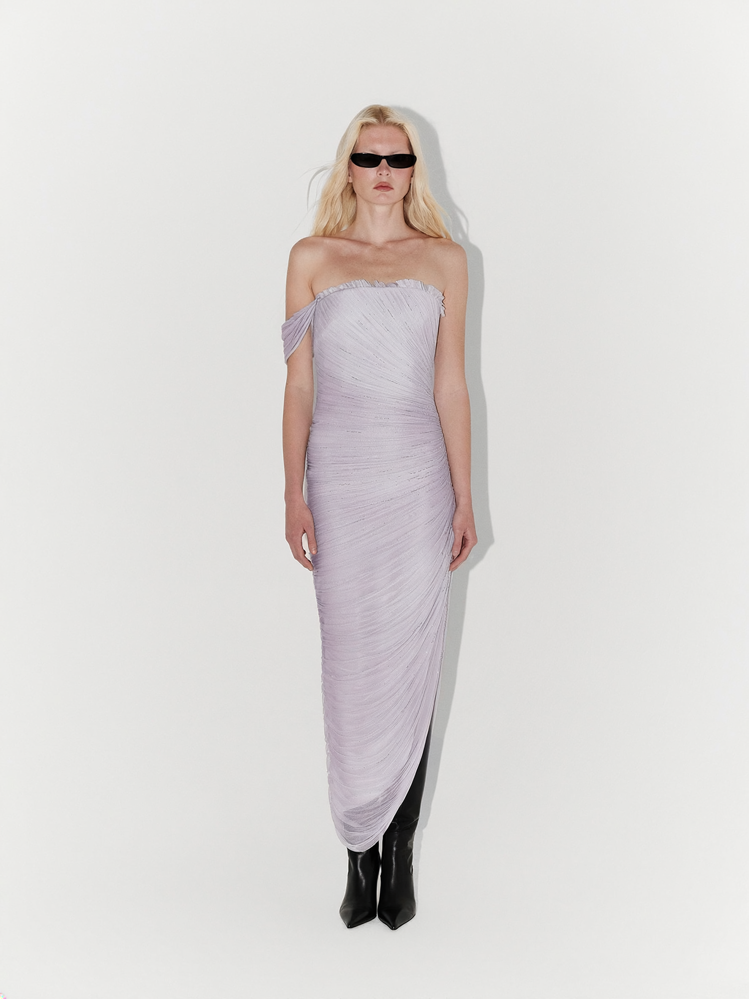Hand-Embellished Silk Tulle Midi Dress in Lilac