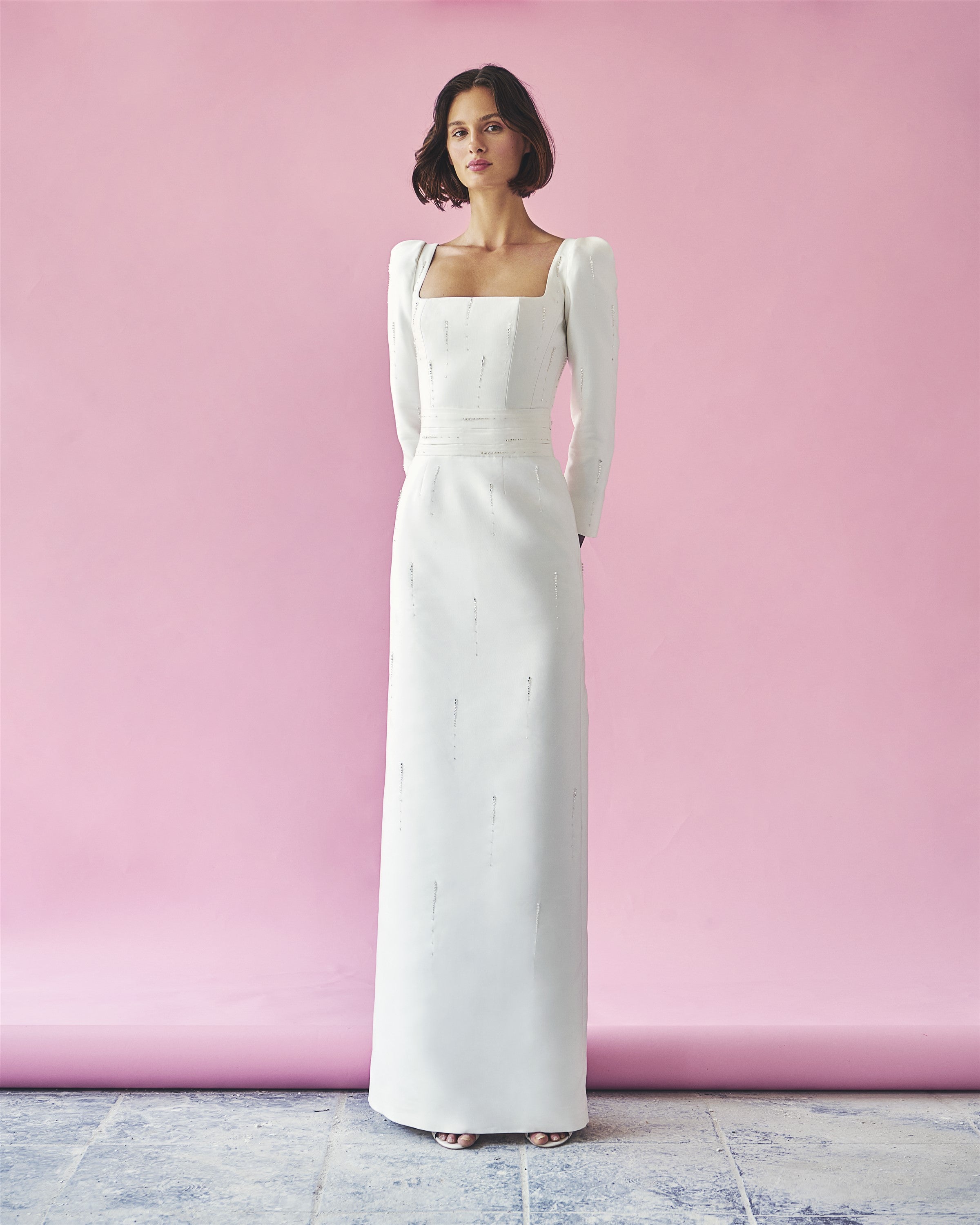 Square-Neck Embellished Maxi White Dress
