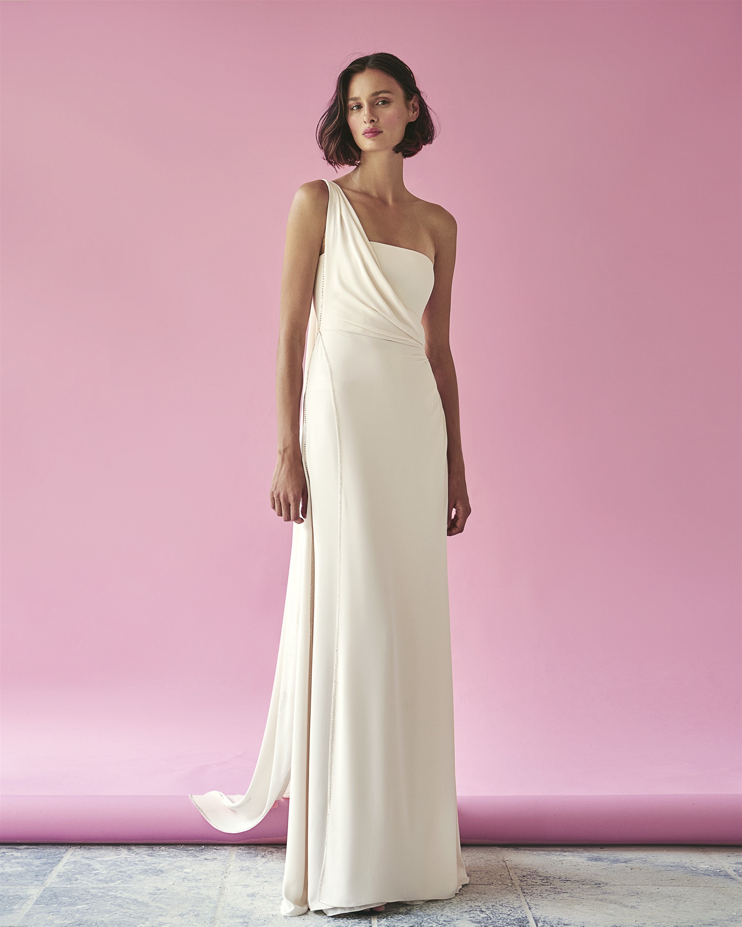 Ecru One-Shoulder Draped Gown