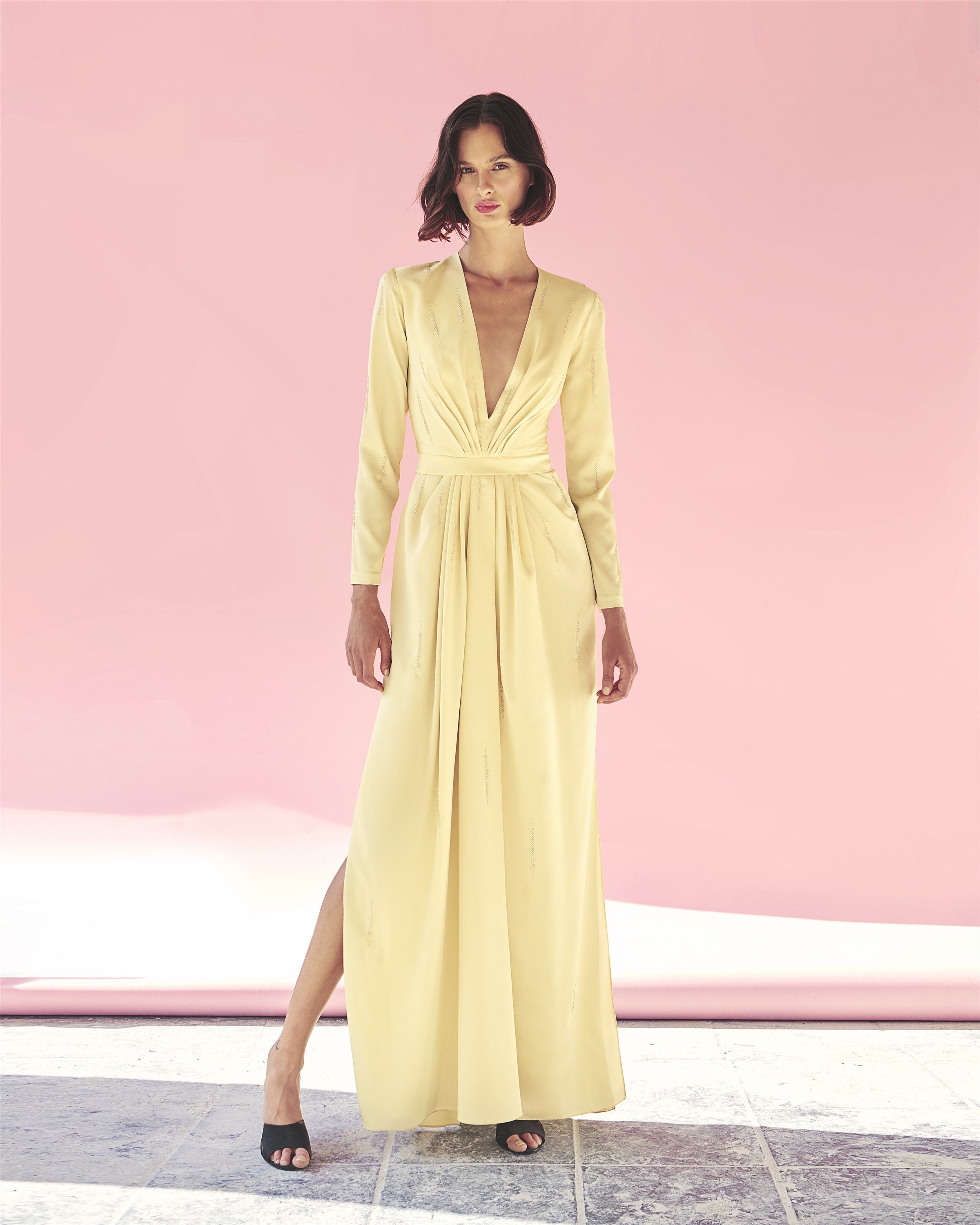 Yellow Plunge Crepe Maxi Dress