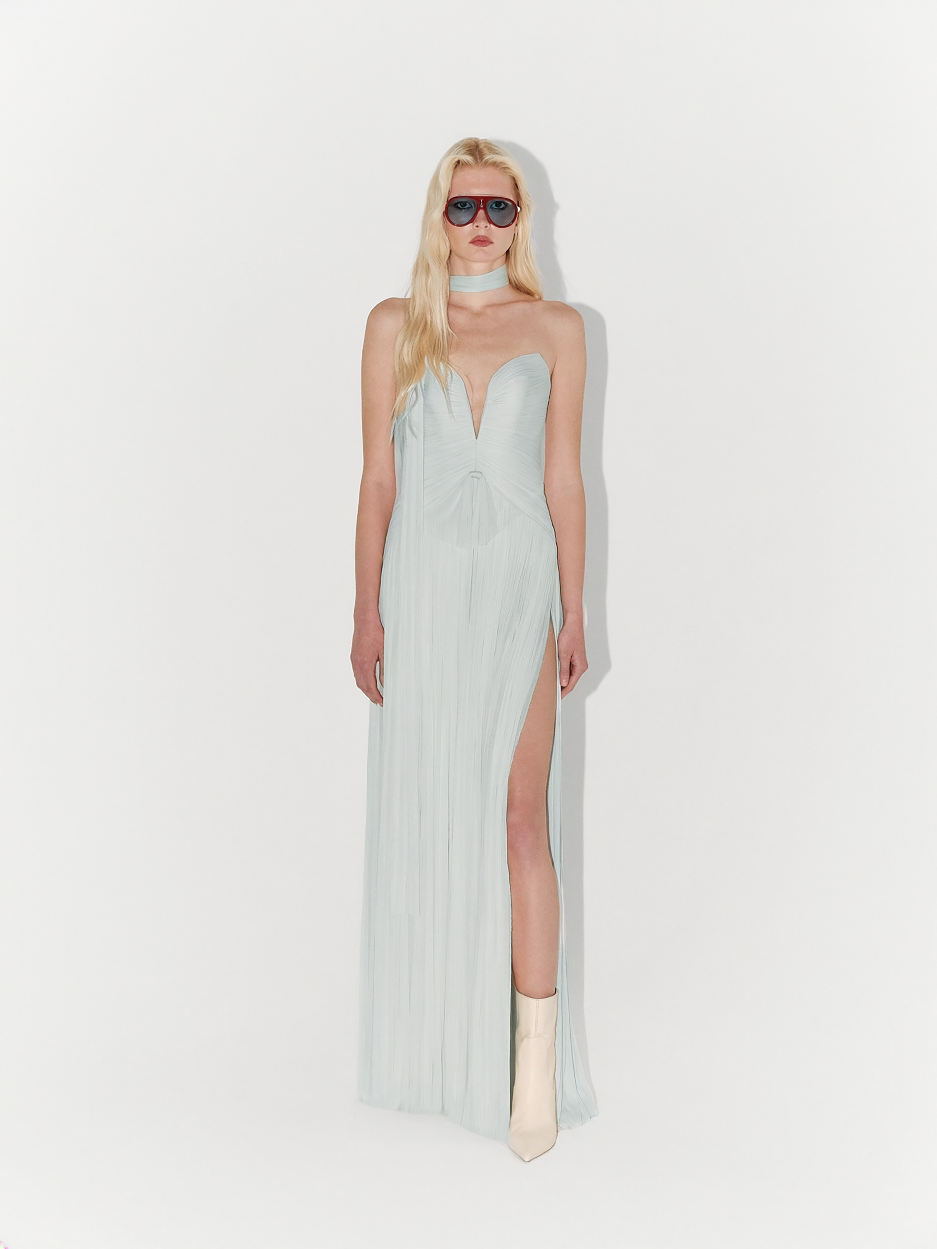 Silk Tulle Flowing Couture Gown in Mint