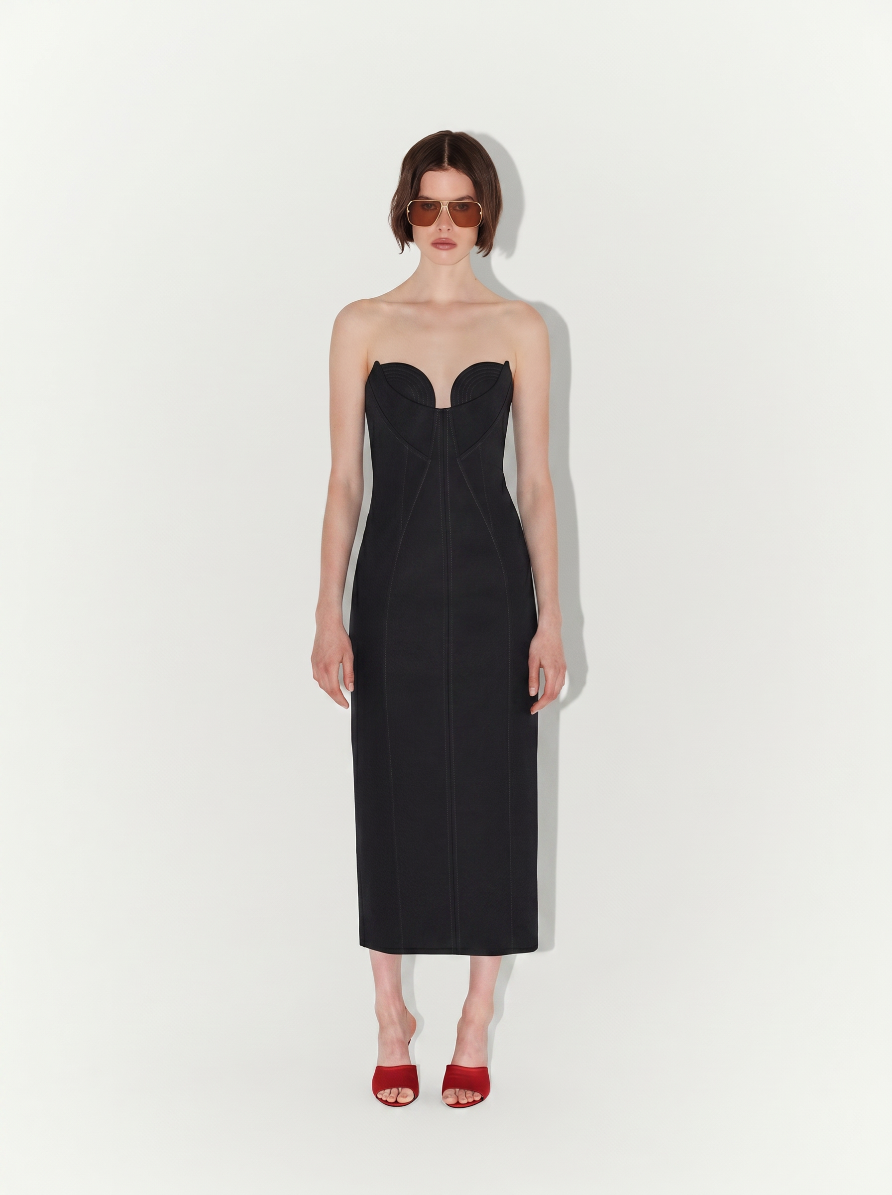 Structured Gabardine Midi Dress in Black
